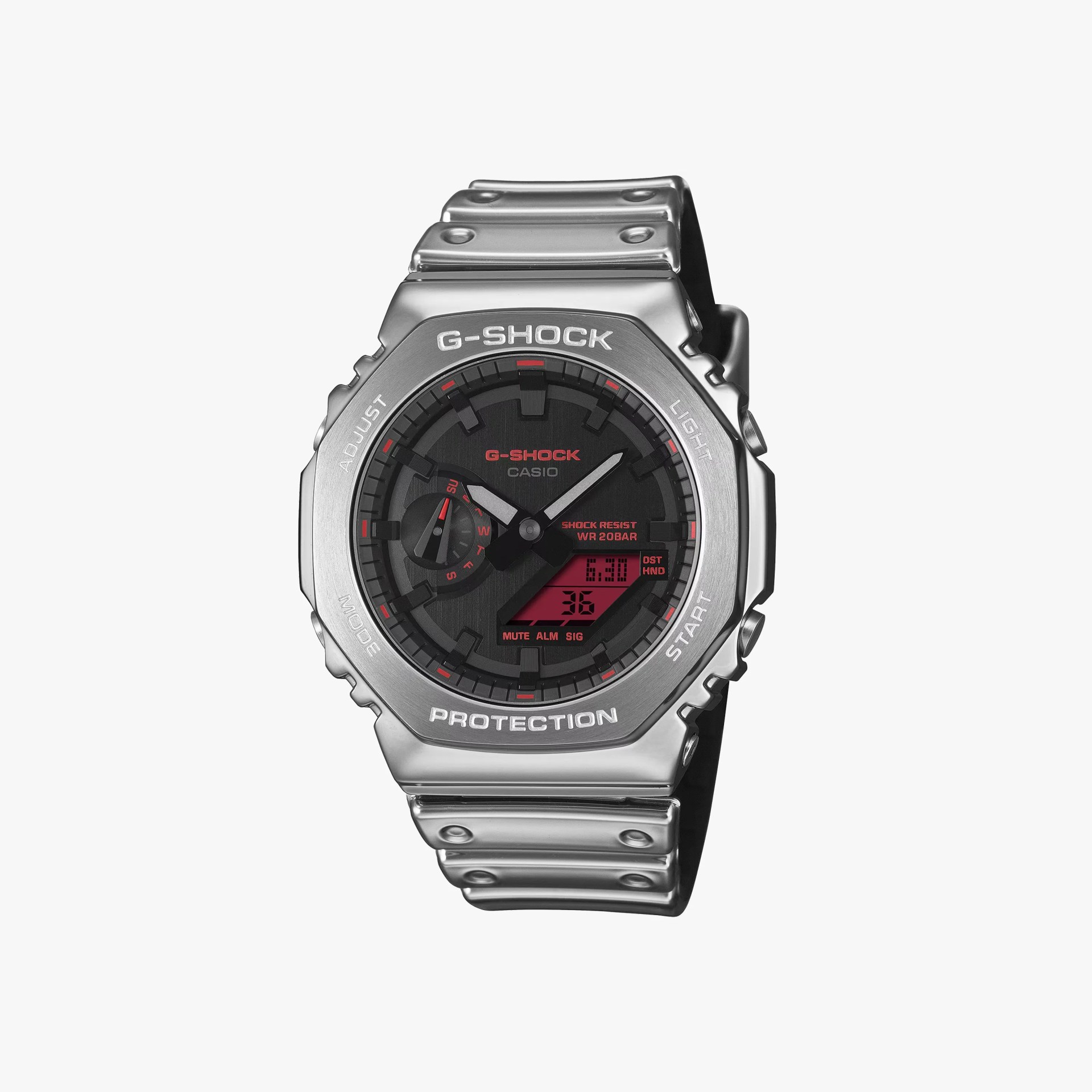Silver metal Casio G-Shock watch with black and red digital-analog dial and metal link band.
