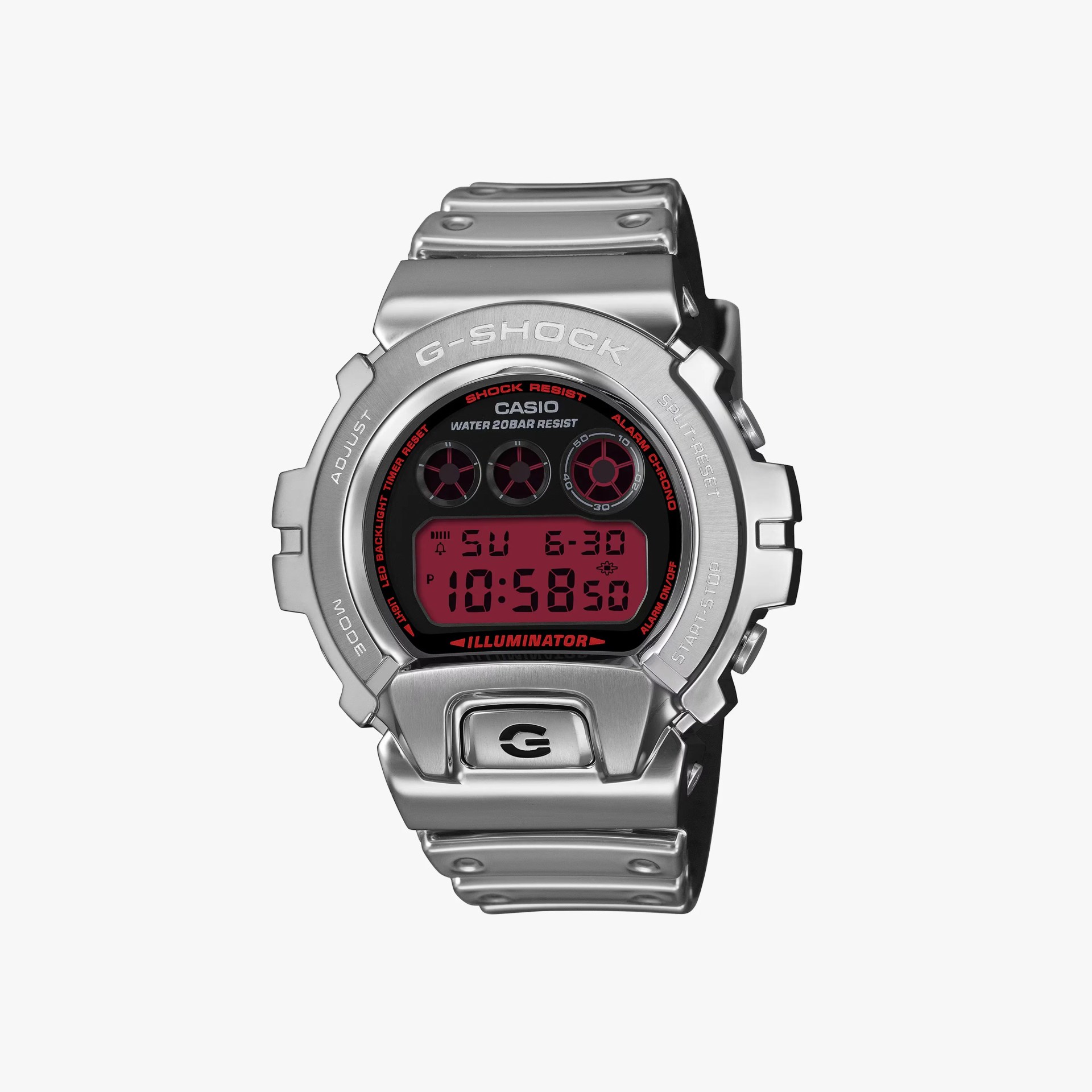 Silver Casio G-Shock digital watch with red backlit display and metal strap.