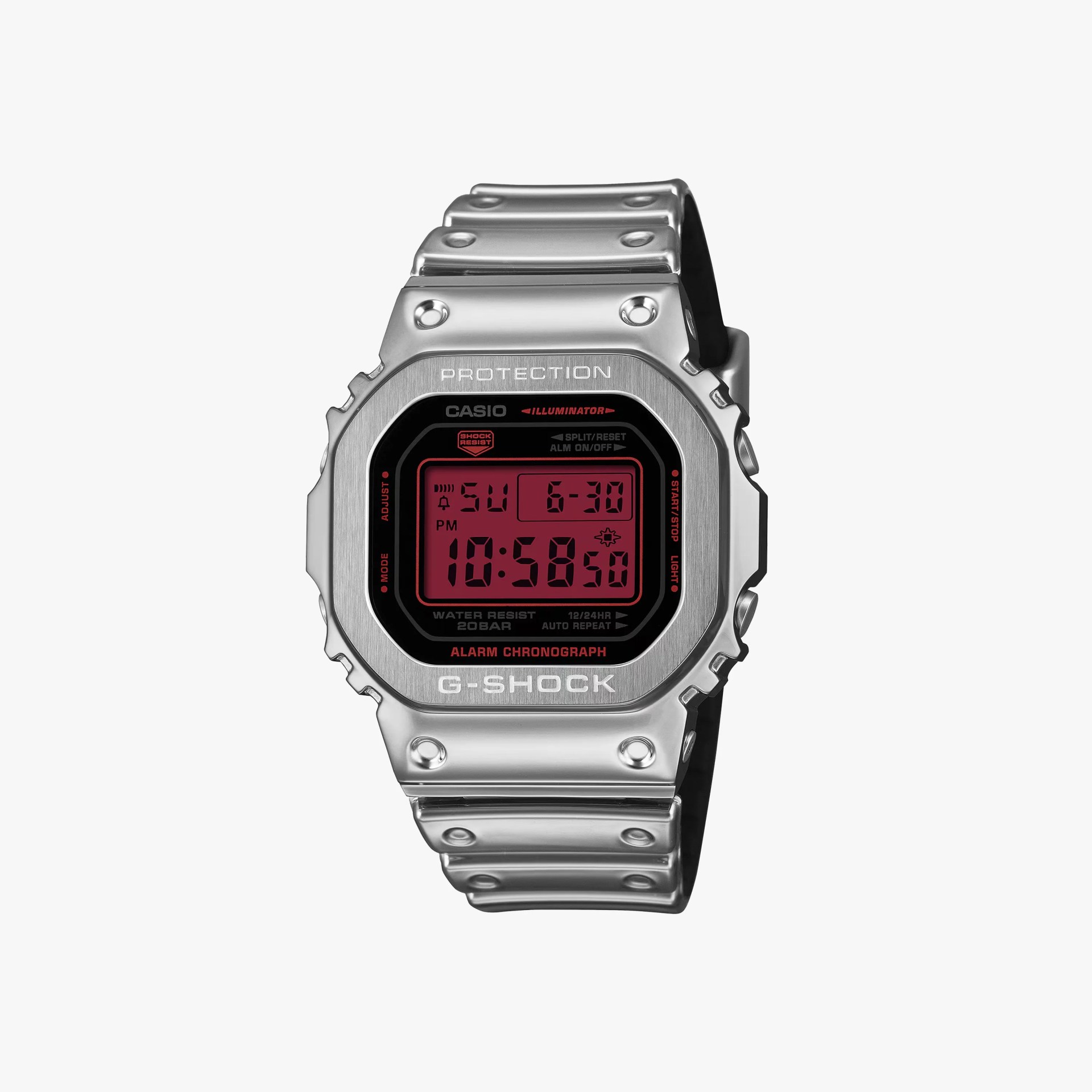 Silver Casio G-Shock digital watch with red backlit display and metal link band.