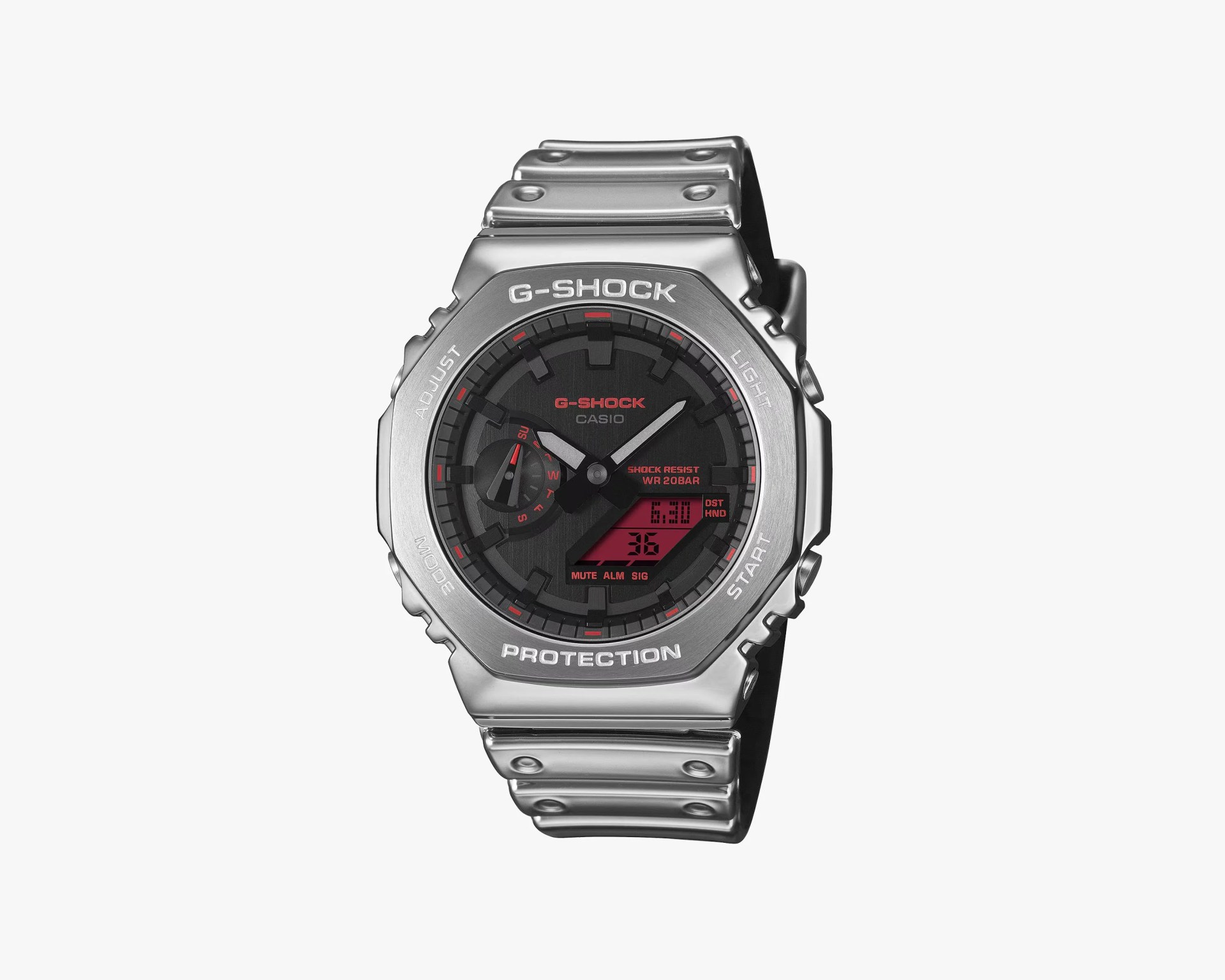 Silver metal Casio G-Shock watch with black and red digital-analog dial and metal link band.