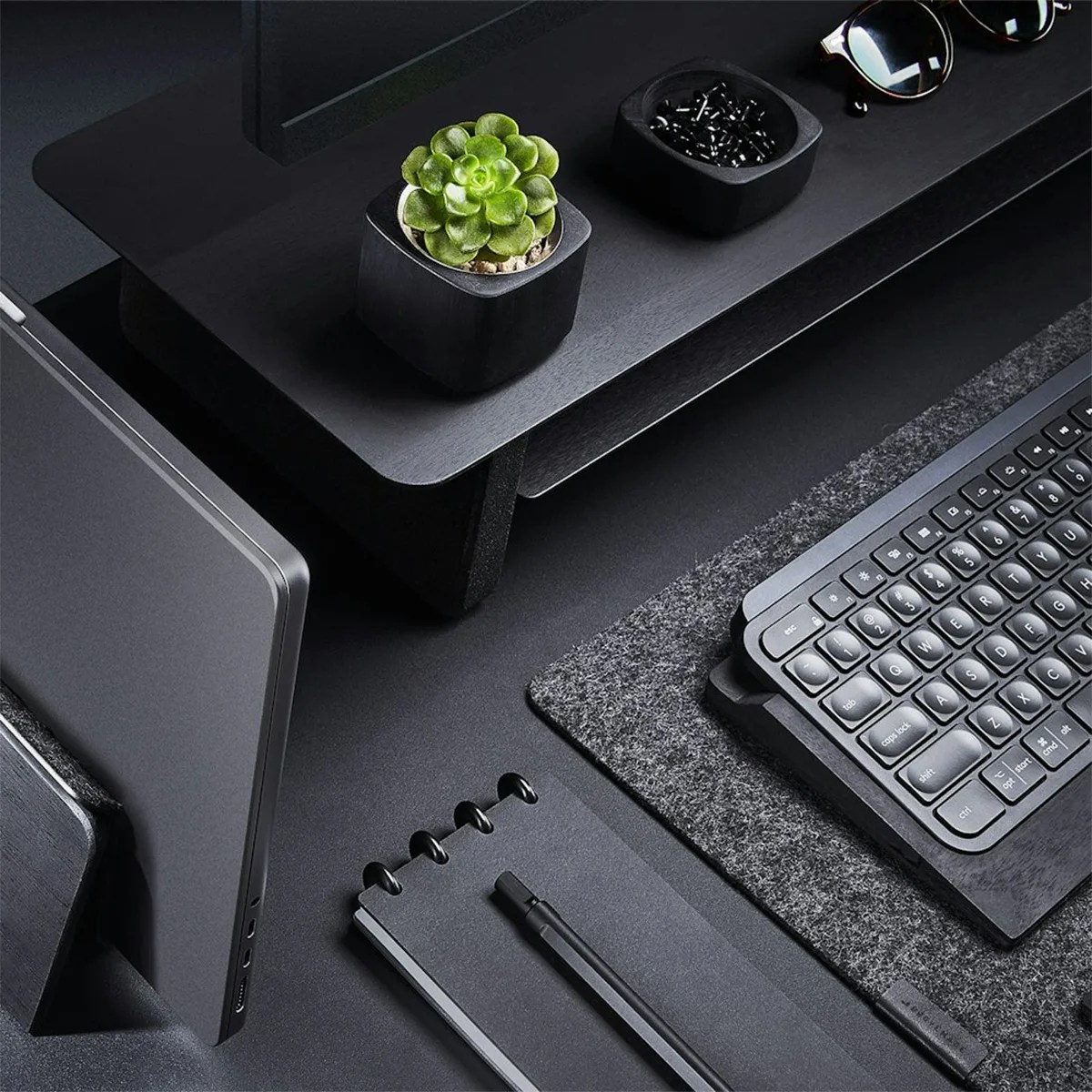 Black desk organizer with a small green succulent plant, black push pins, and sunglasses on top.