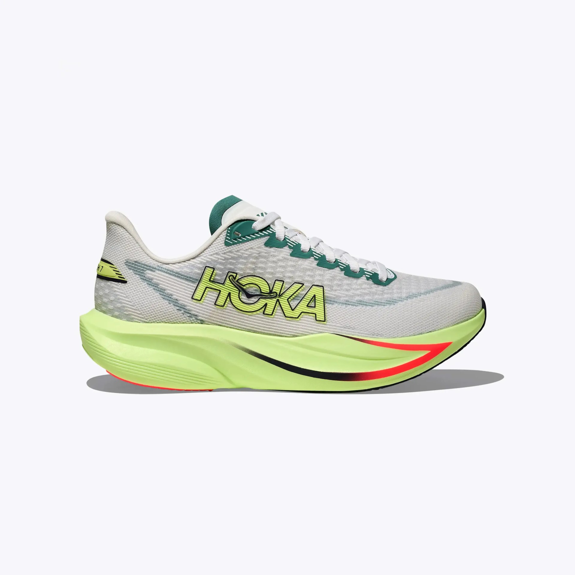 White and neon green Hoka running shoe with thick sole and black and red accents.