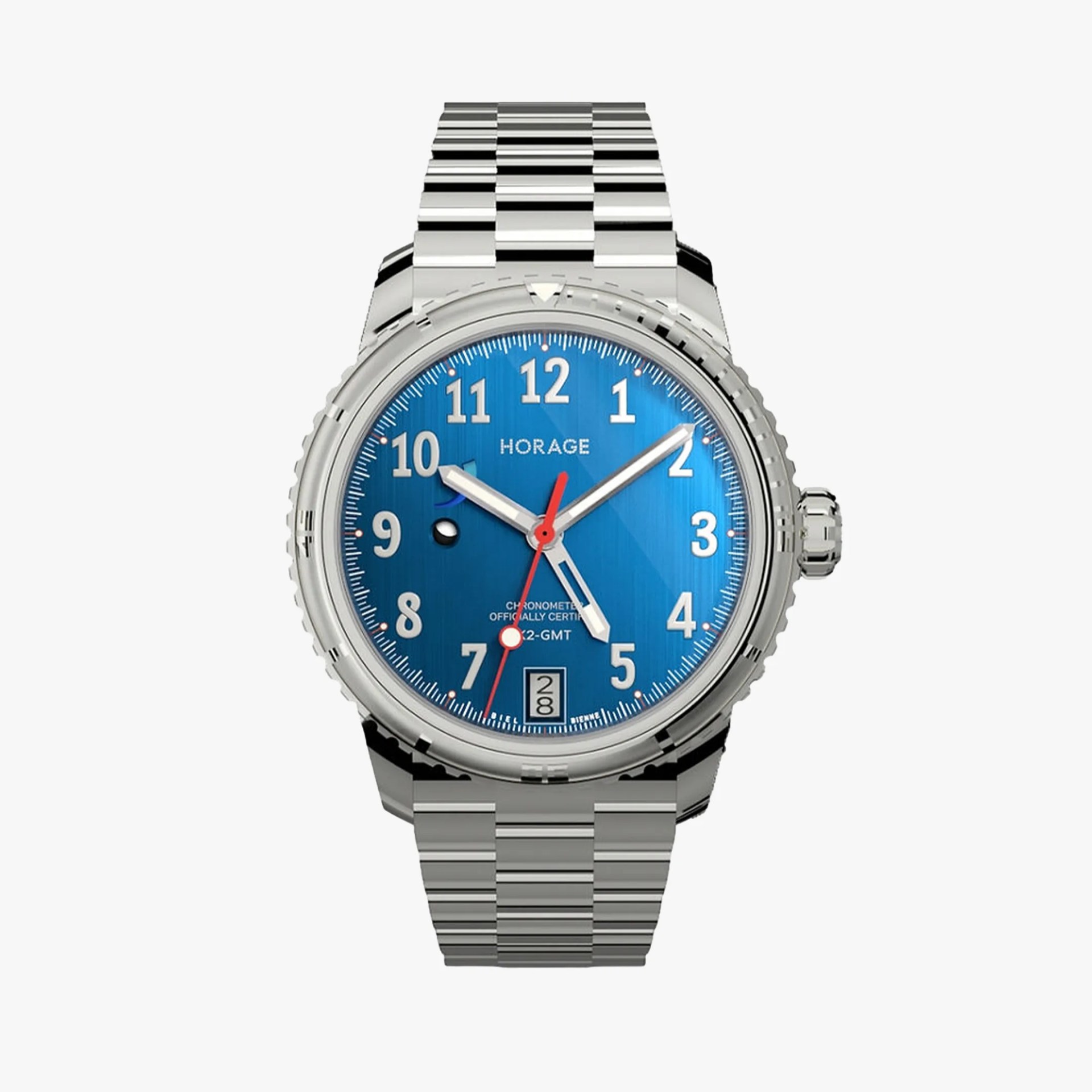 Silver metal wristwatch with a blue dial, white numerals, red second hand, and date display at 6 o'clock.