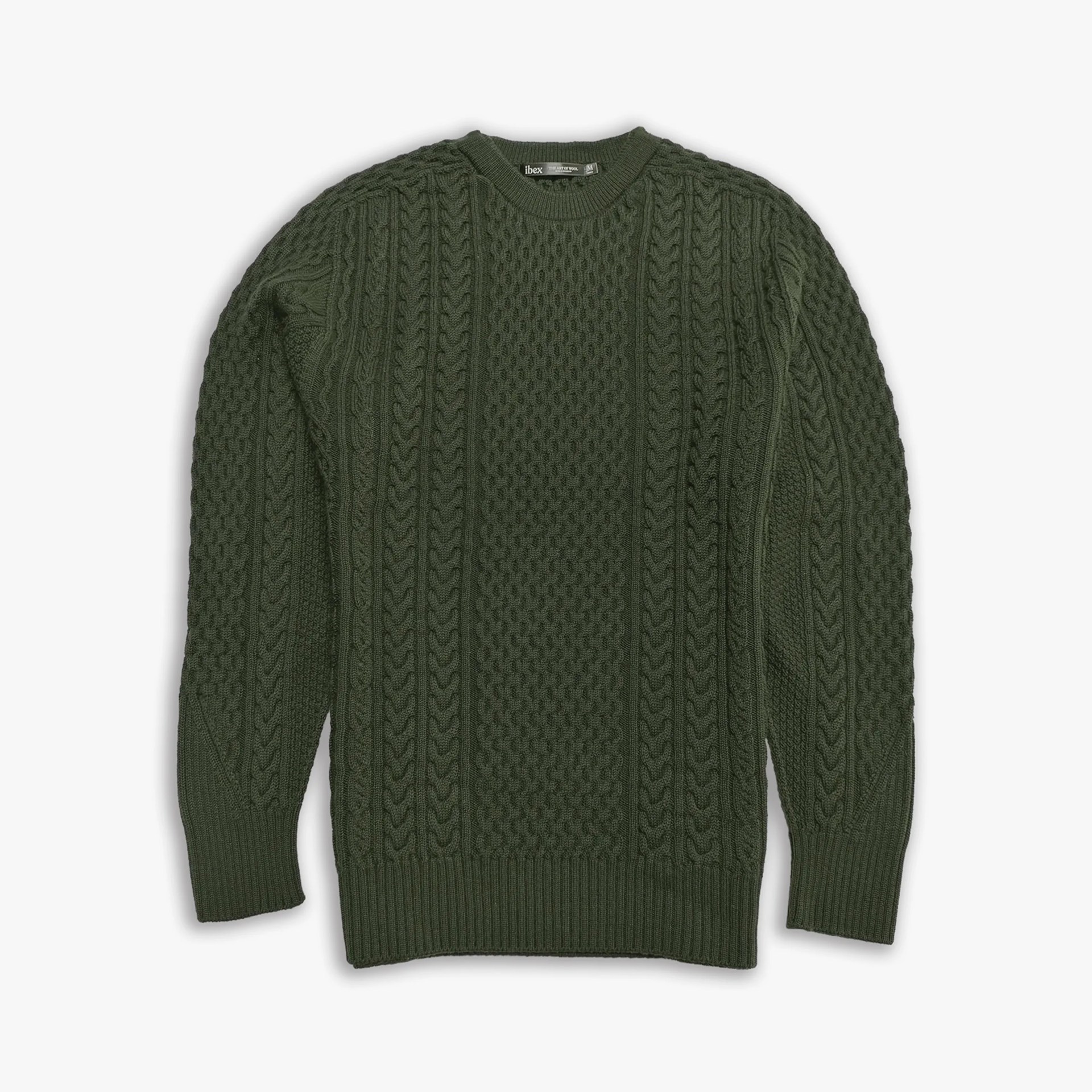 Dark green cable-knit wool sweater with ribbed cuffs and hem laid flat.
