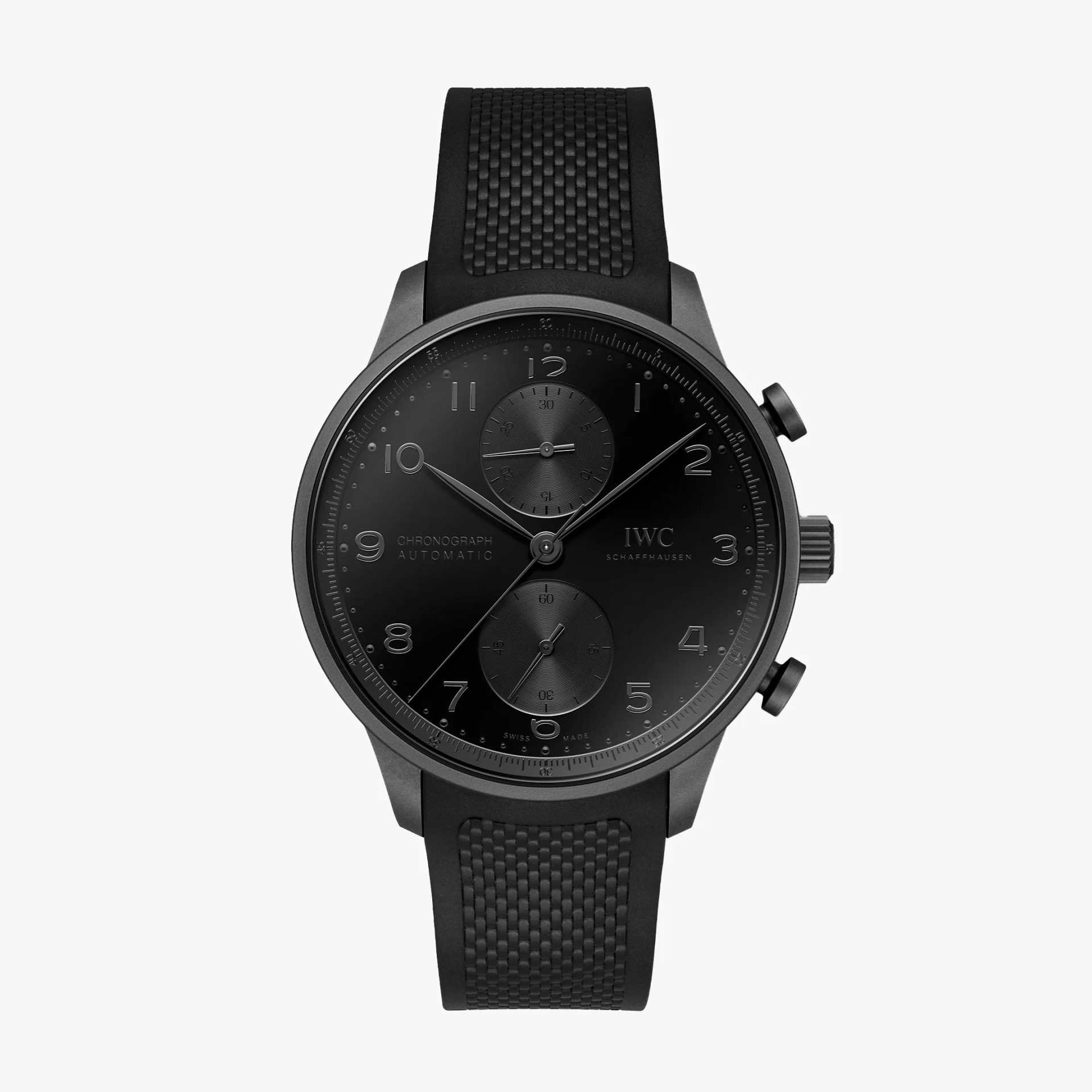 Black chronograph wristwatch with textured black rubber strap and matte black dial with silver markers.