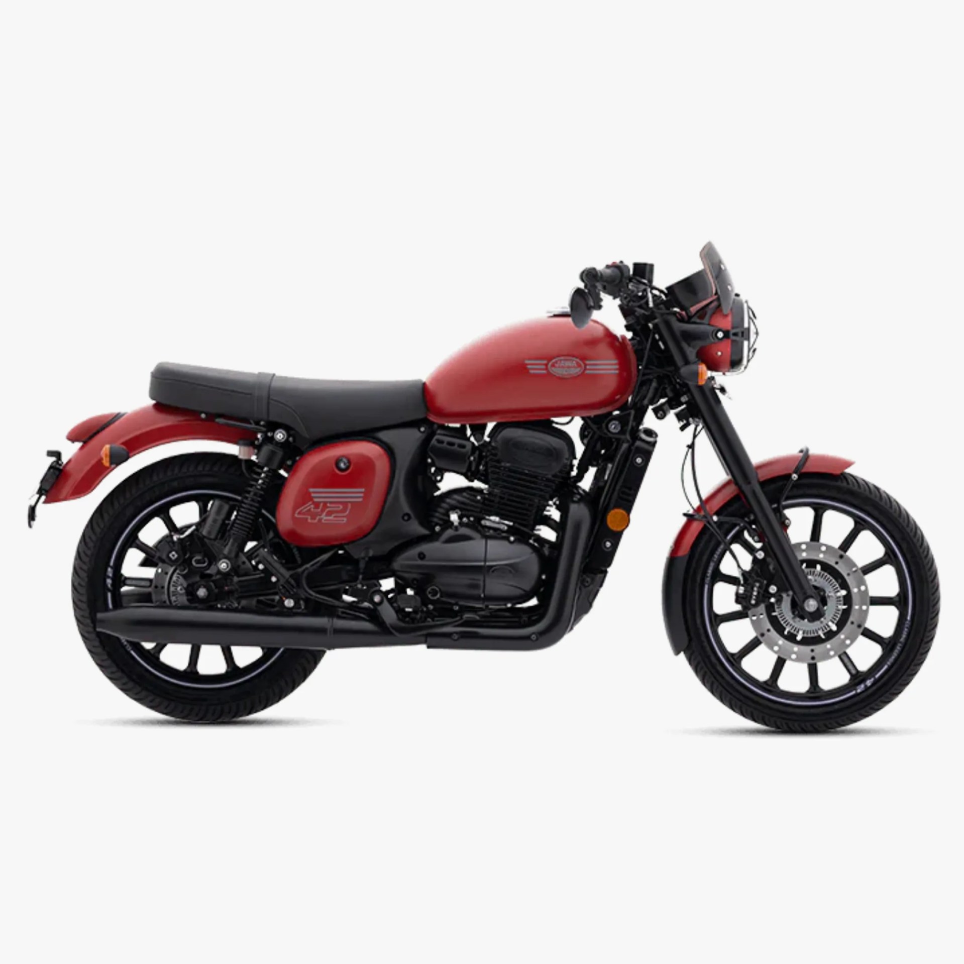 Red and black classic-style motorcycle with black exhaust and spoked wheels on a white background.