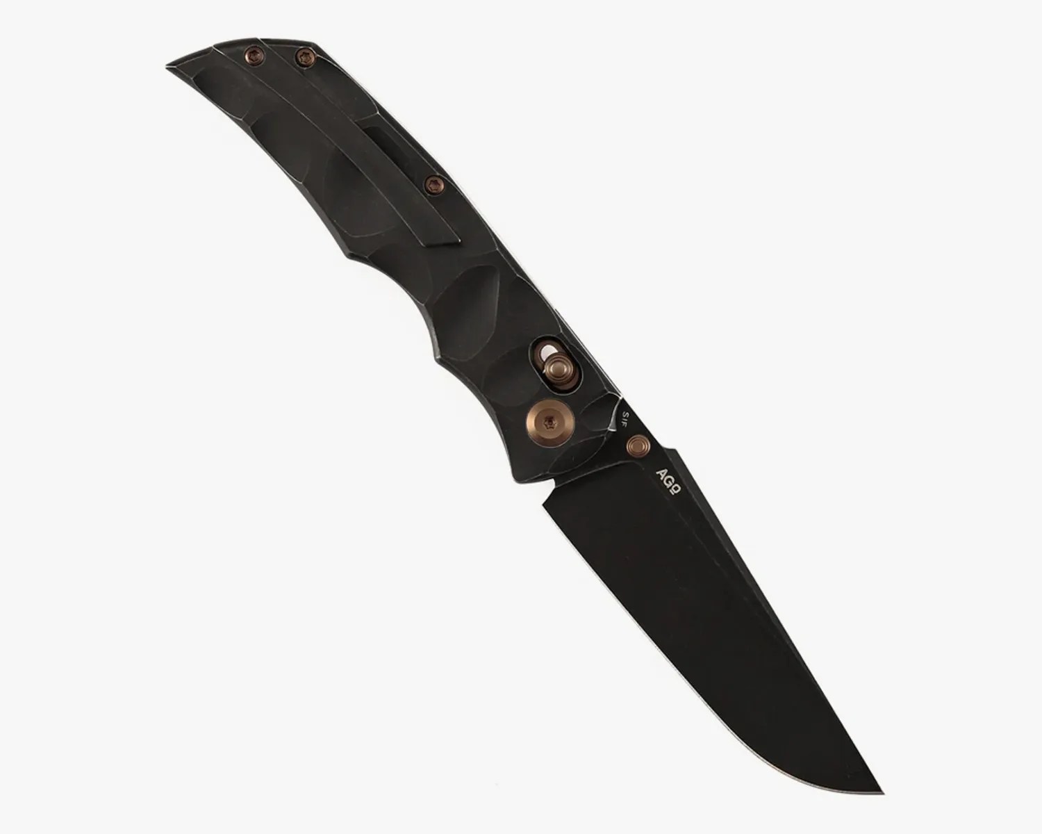 Black folding knife with textured handle and bronze-colored screws and button.