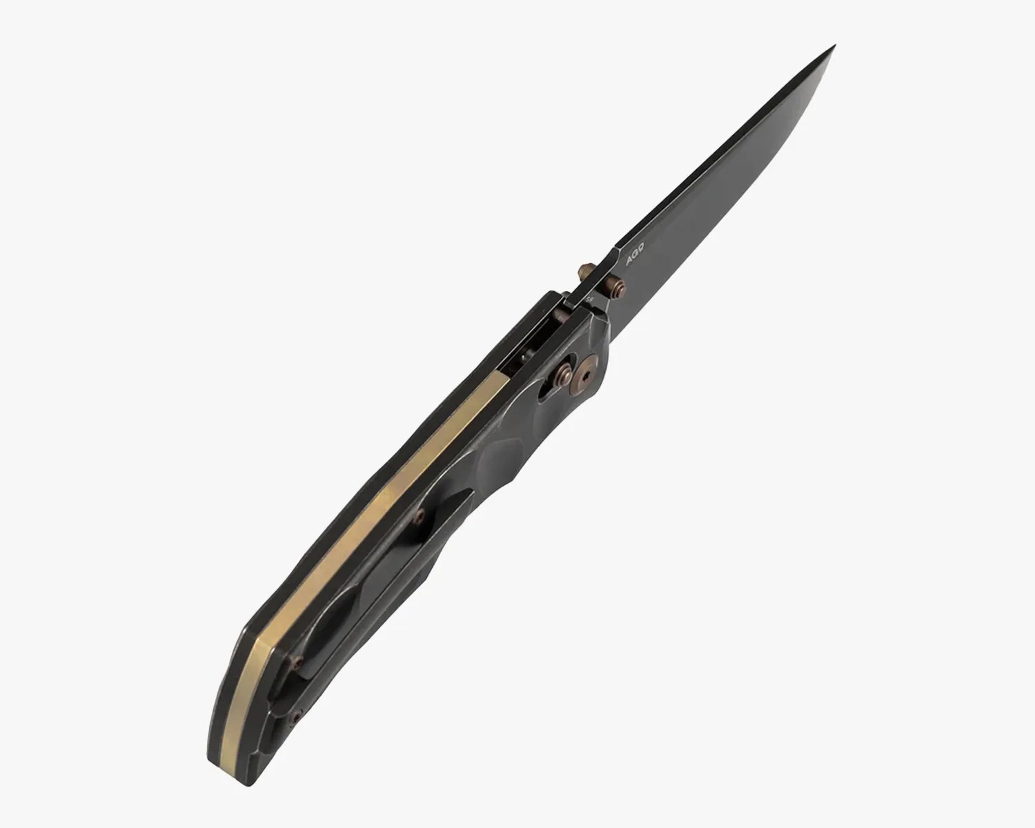 Black folding knife with a slim blade and a brass-colored liner in the handle.
