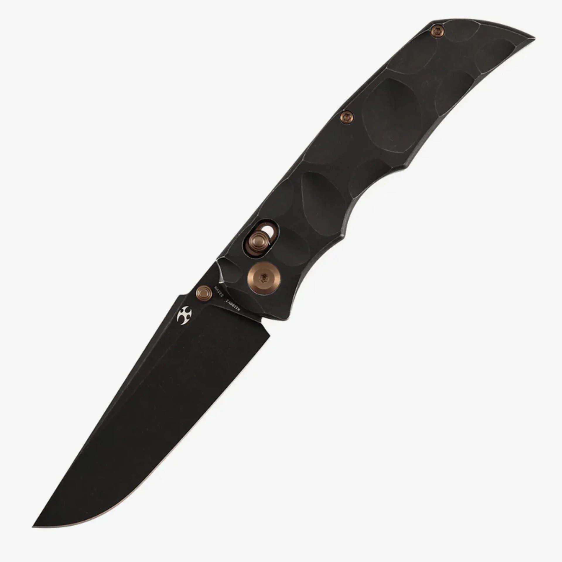 Black folding knife with textured handle and bronze-colored pivot and thumb stud.