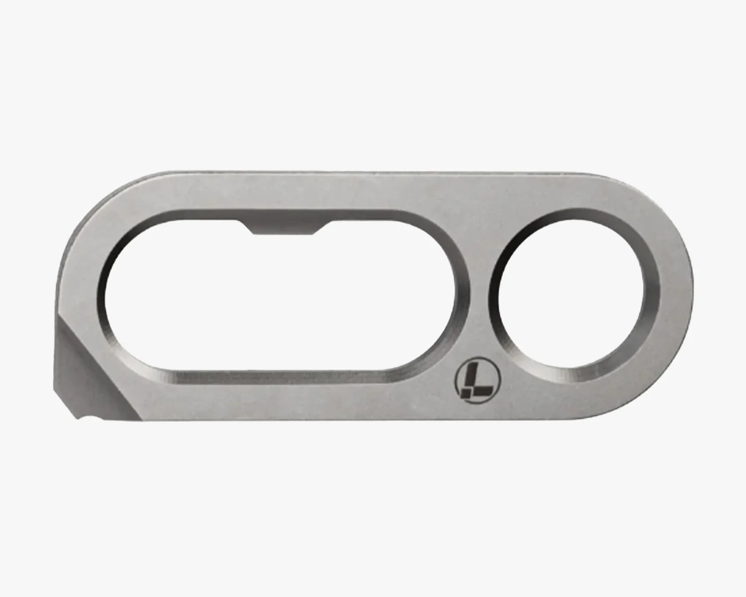 Silver metal camera lens protector with two circular cutouts and a small logo.