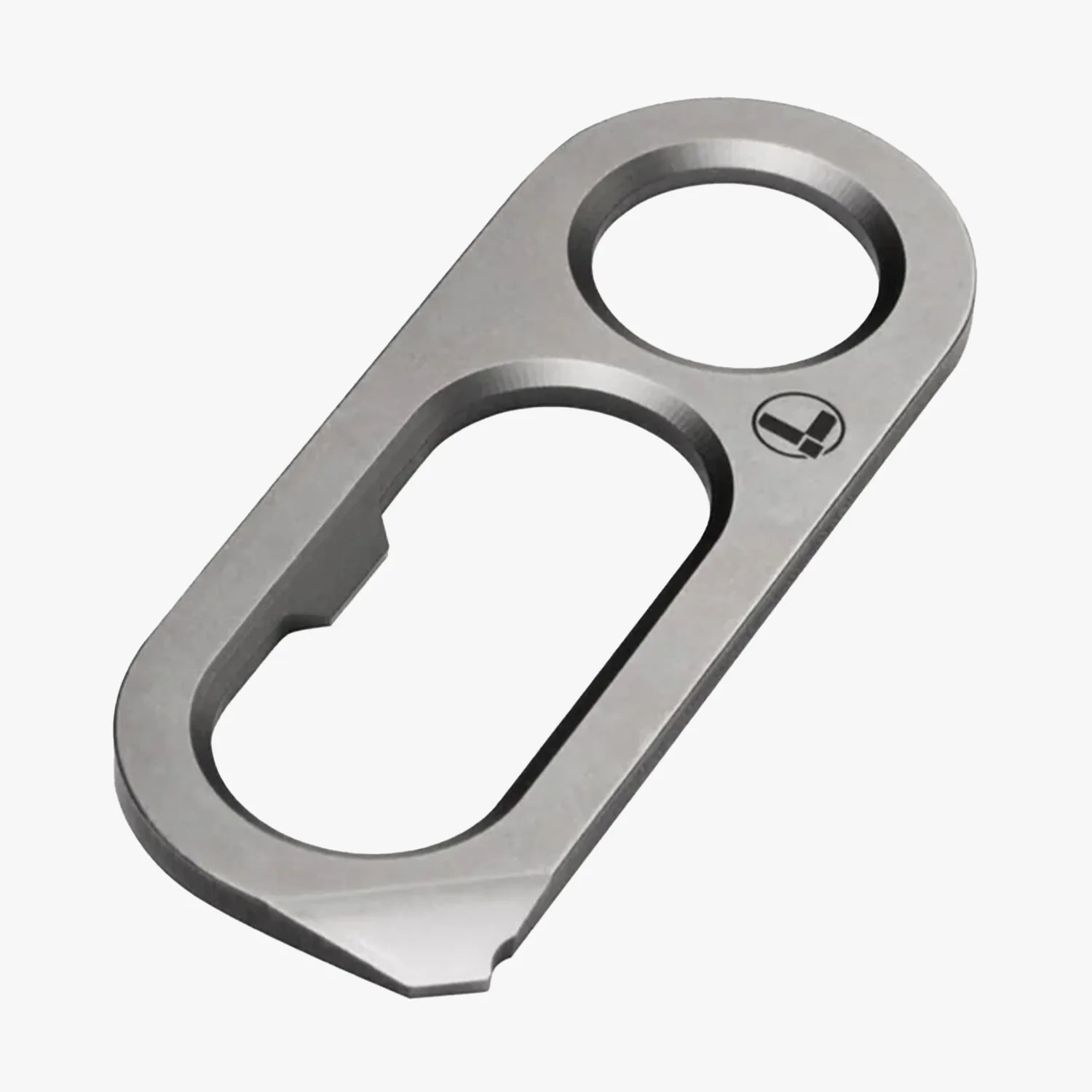 Compact silver metal keychain tool with a circular hole and a flat edge for prying.
