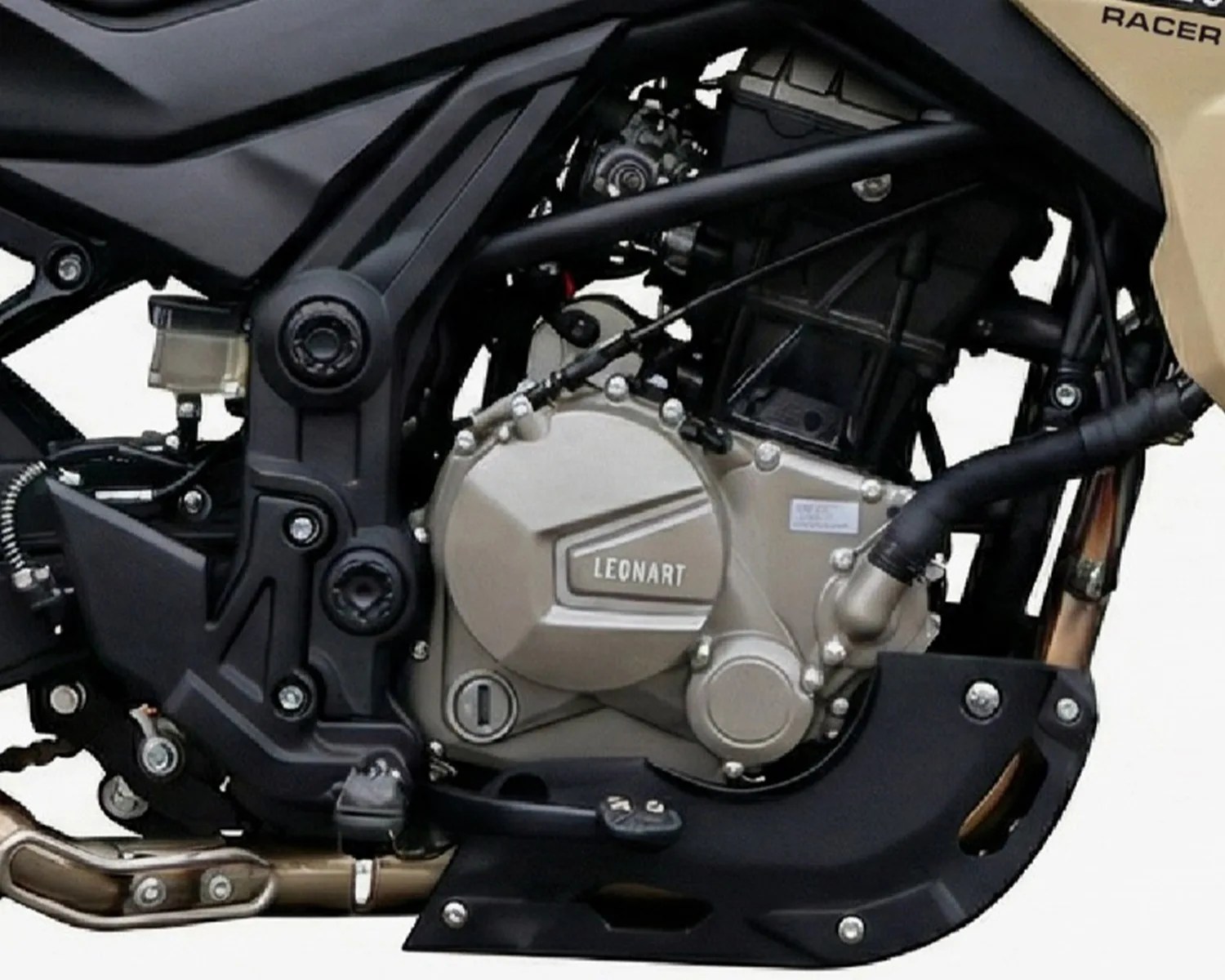 Close-up of a motorcycle engine with "LEONART" branding on the metallic engine cover and black frame components.