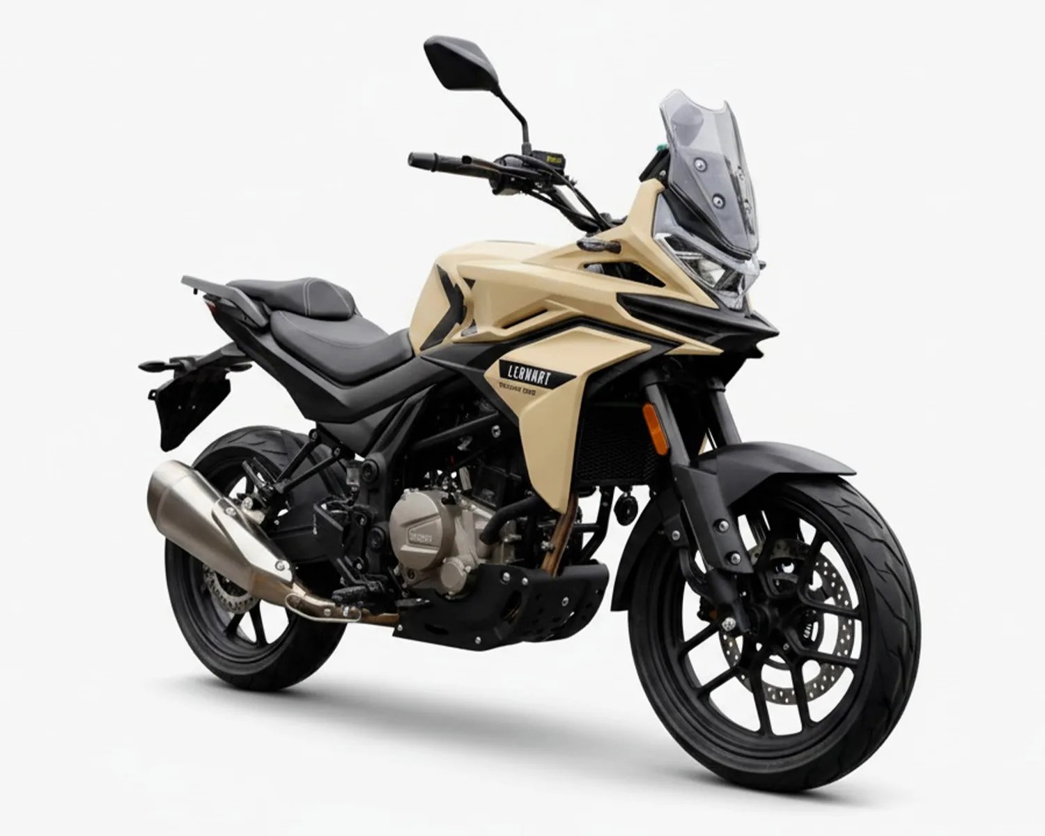 Beige and black sport touring motorcycle with windshield and dual disc brakes on front wheel.
