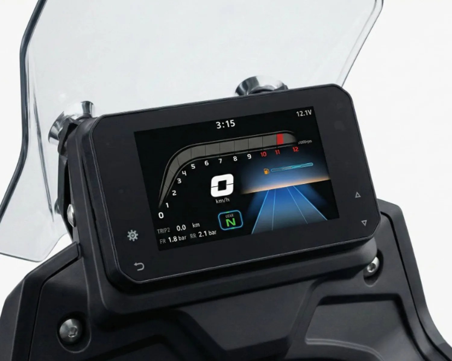 Motorcycle digital dashboard display showing speed, gear, fuel level, and tire pressure.