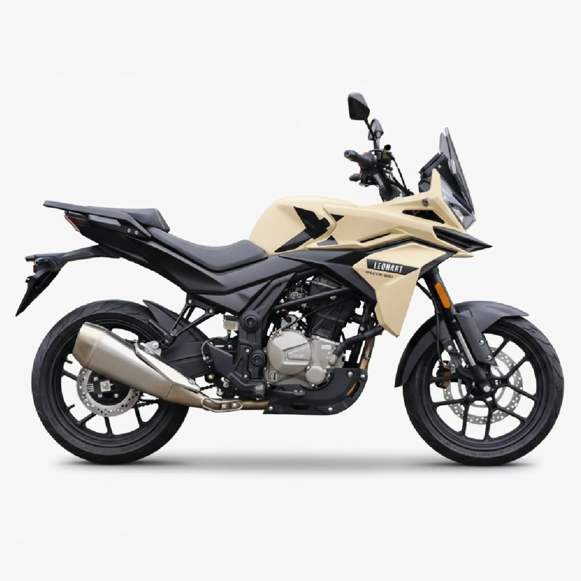 Beige and black Leonart motorcycle with a windshield and exhaust pipe on a white background.