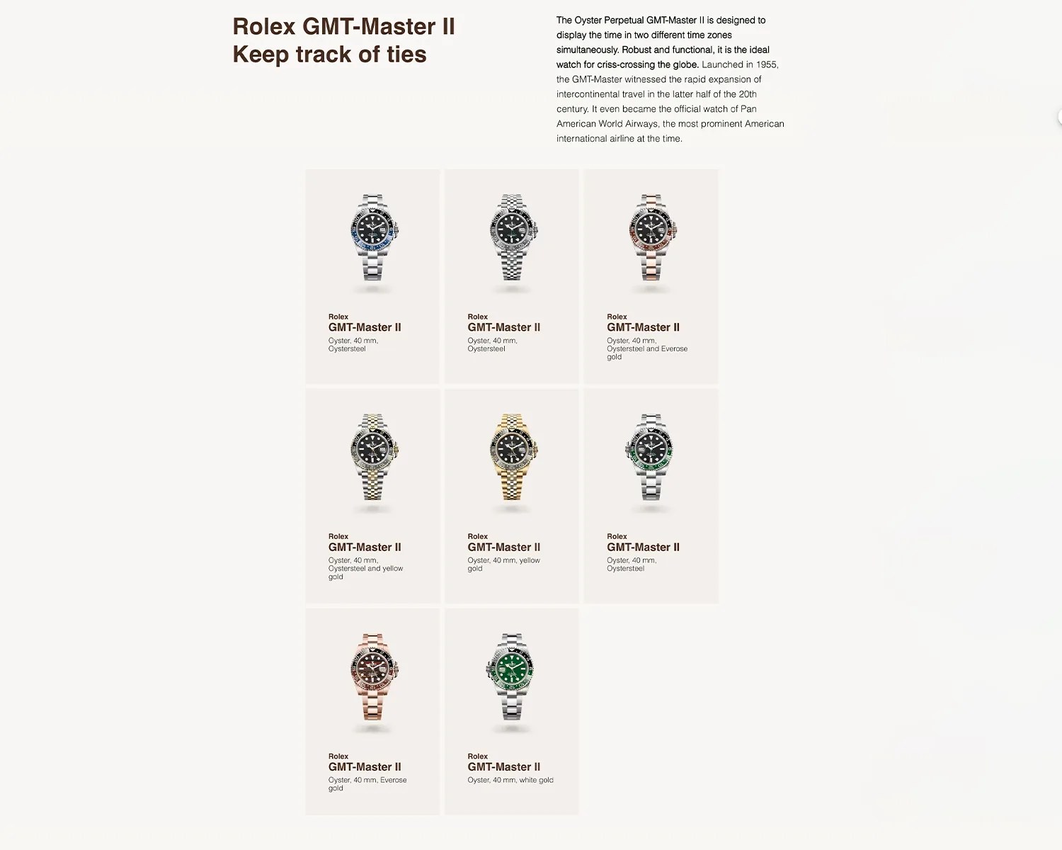 Nine Rolex GMT-Master II watches displayed in a 3x3 grid with different metal and bezel color combinations.