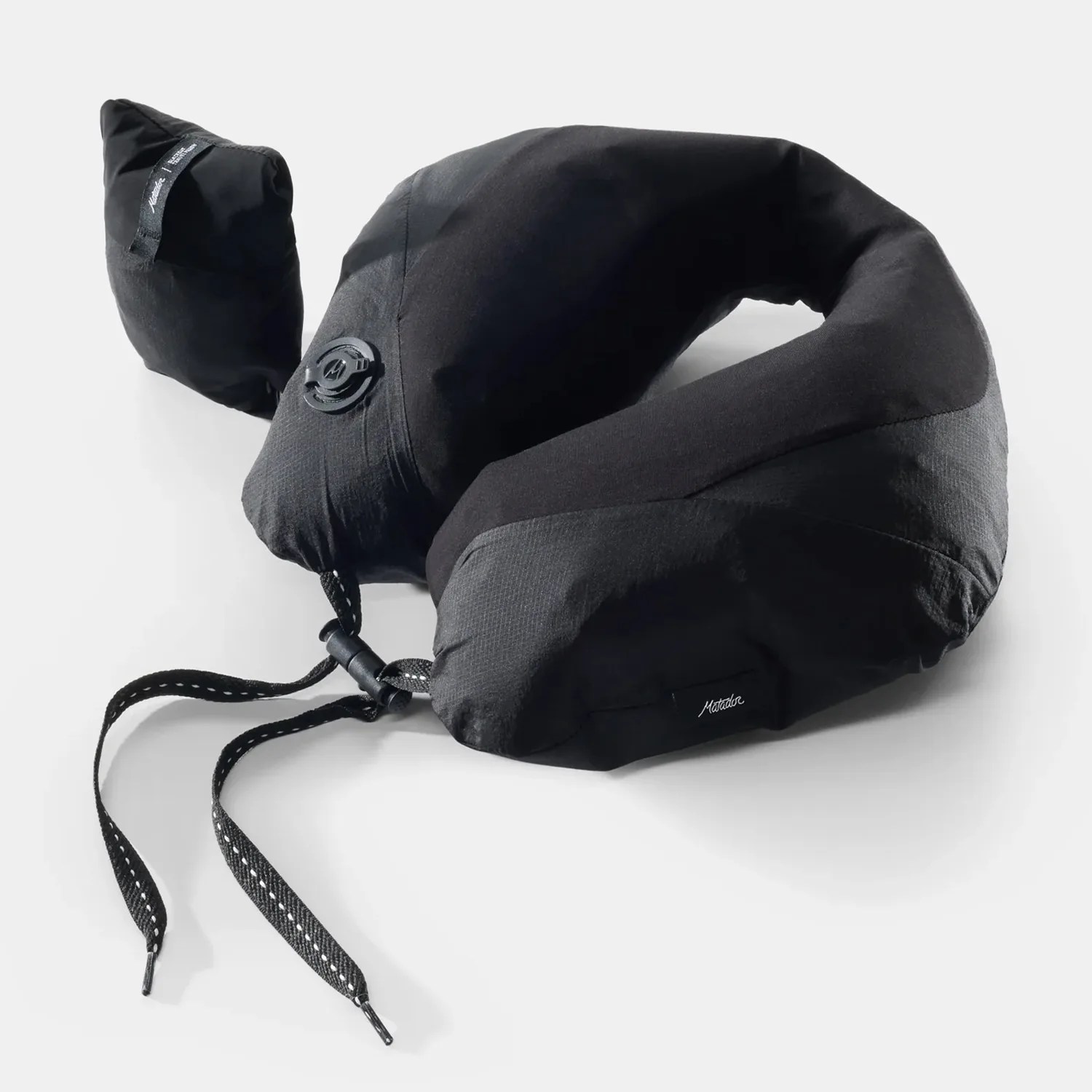 Black inflatable travel neck pillow with adjustable drawstrings and a small attached pouch.