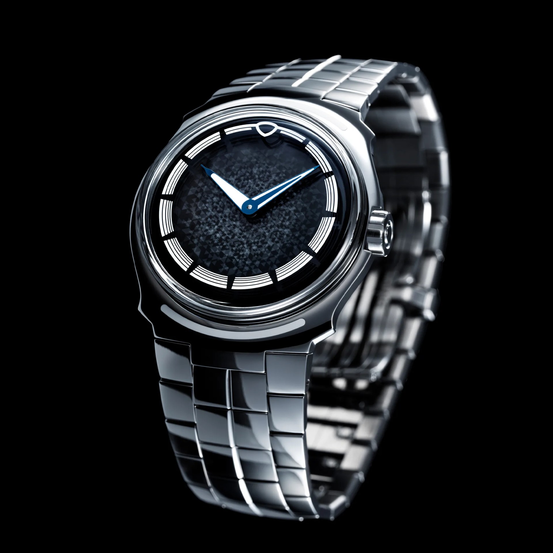 Polished silver metal wristwatch with a textured dark dial and blue hour and minute hands on a black background.