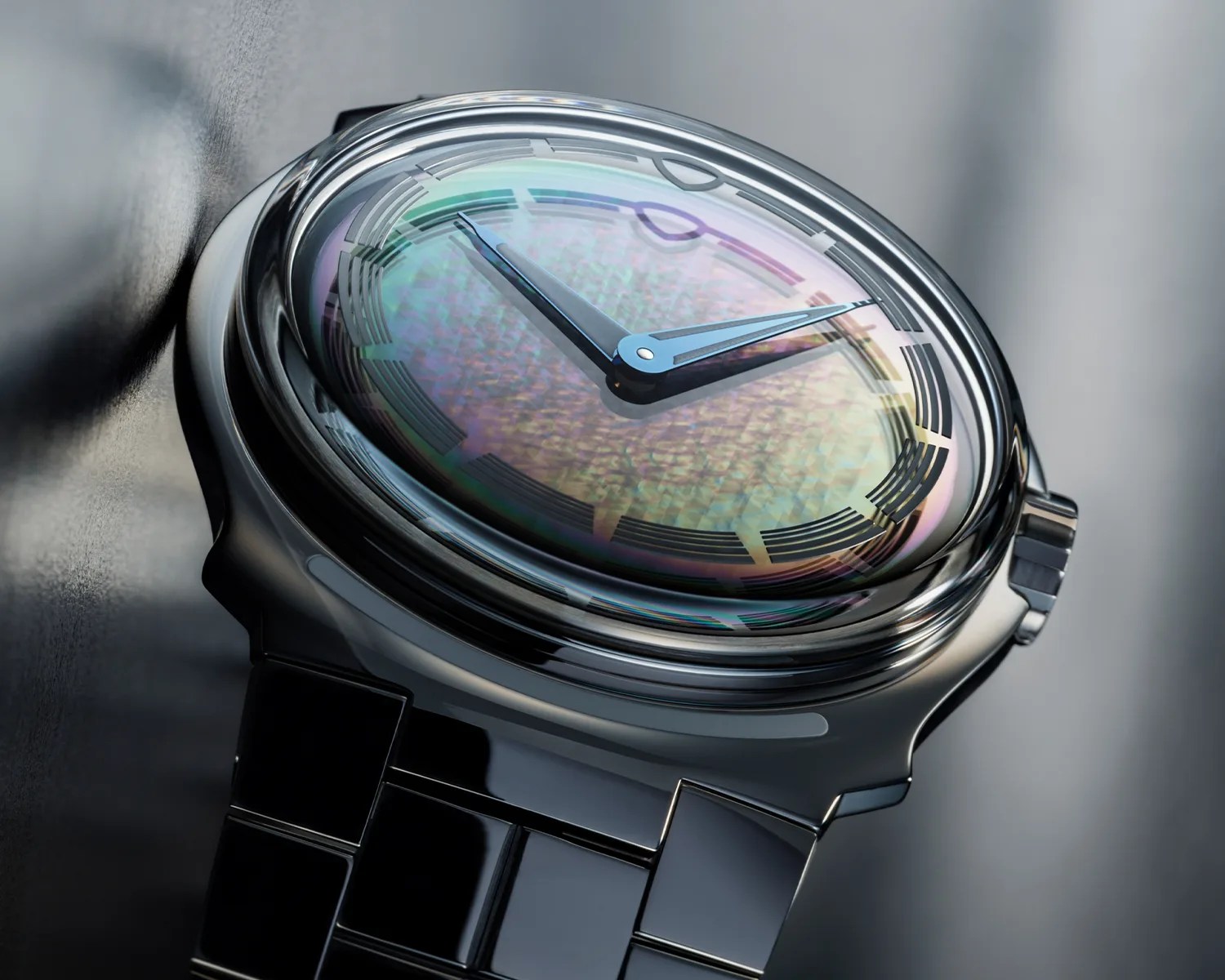 Close-up of a sleek metal wristwatch with a colorful iridescent dial and blue hands.