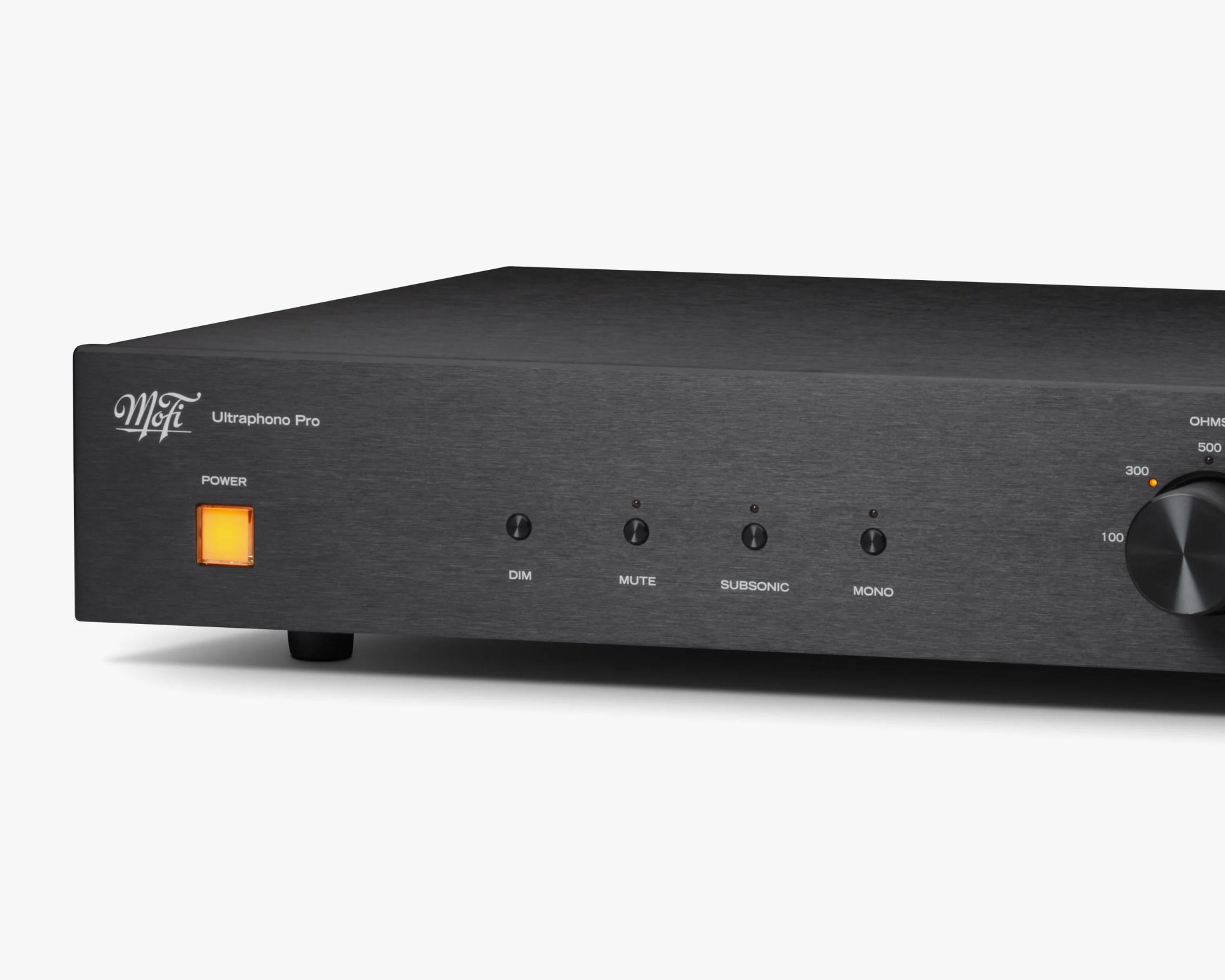 Black MoFi Ultraphono Pro audio preamplifier with illuminated power button and control knobs on front panel.