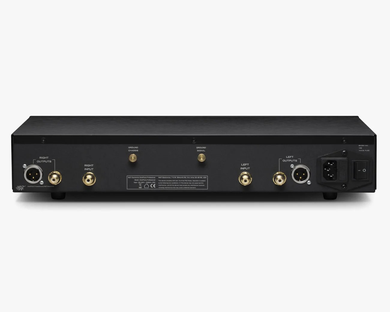 Black audio equipment rear panel with labeled left and right input and output connectors and power switch.