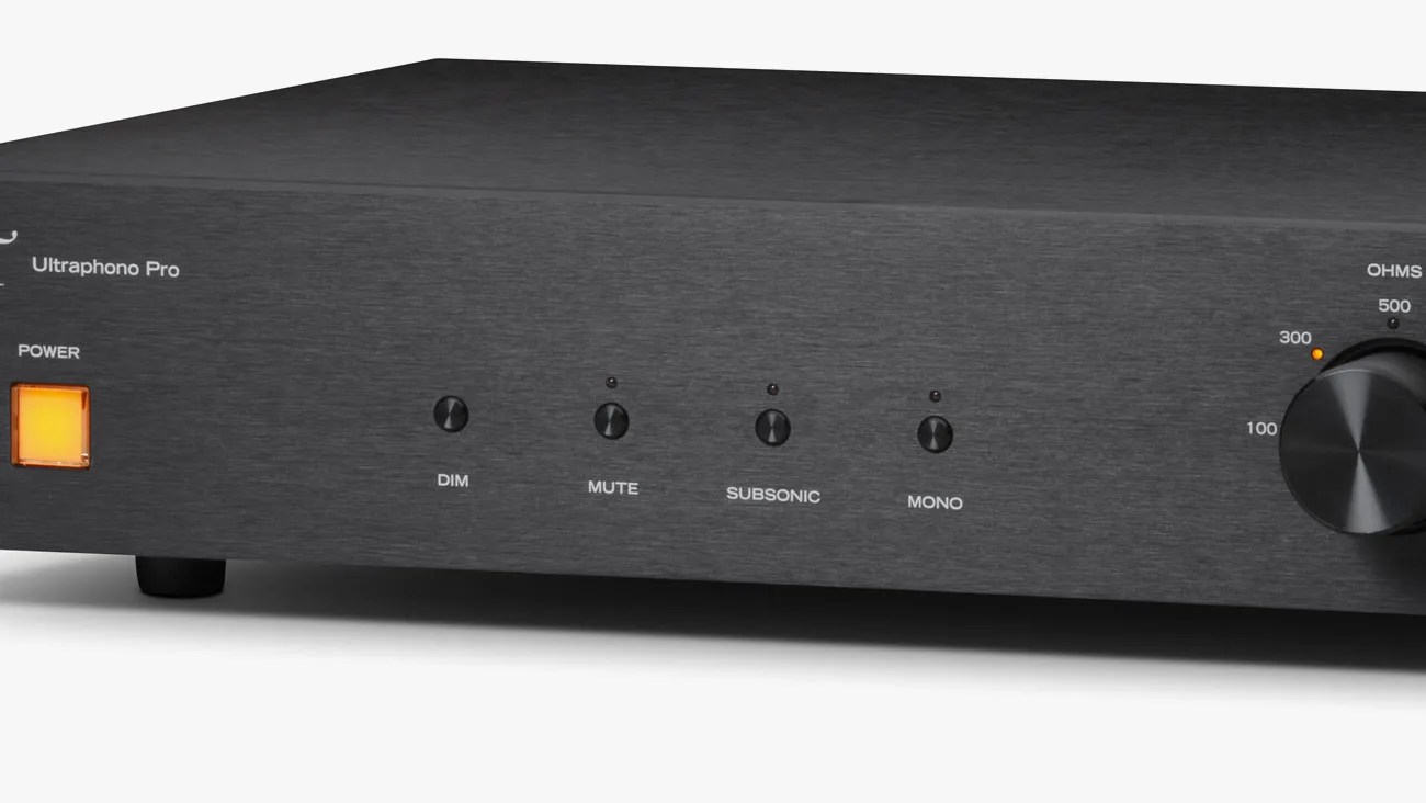 Black brushed metal audio amplifier with power button lit orange and control knobs labeled Dim, Mute, Subsonic, Mono, and Ohms selector.