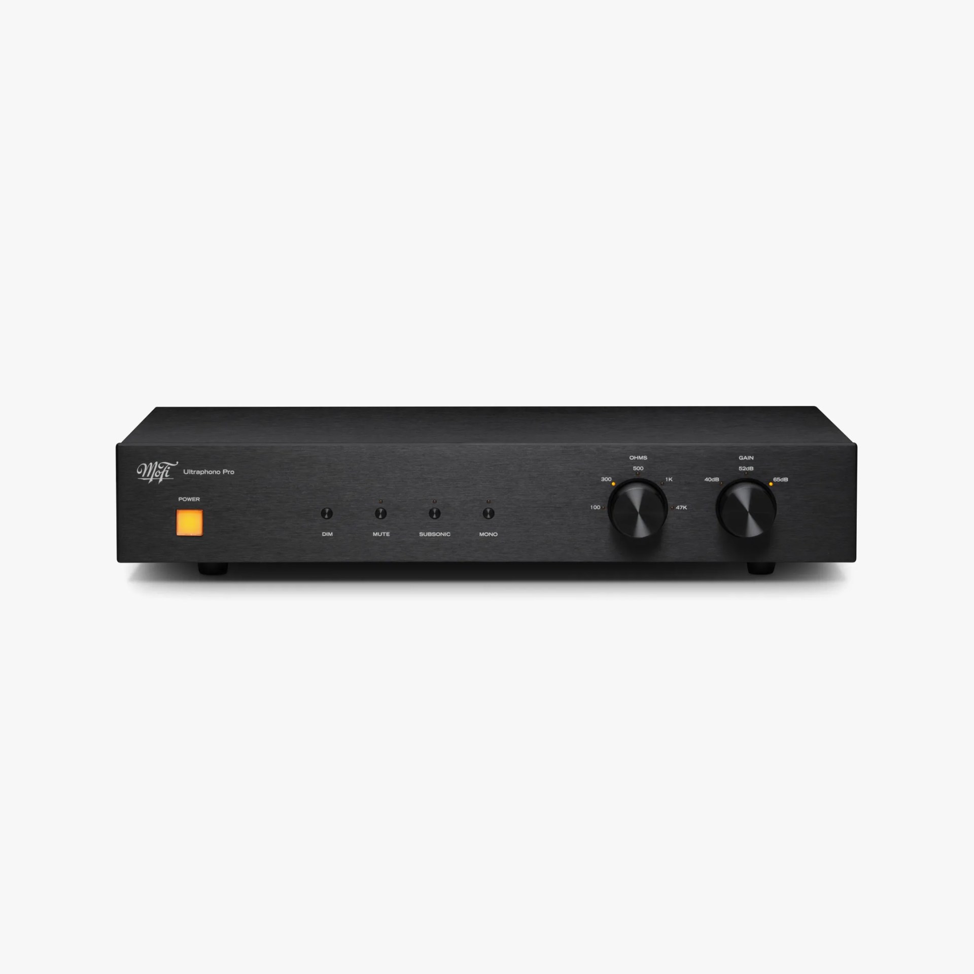 Black MoFi Ultraphono Pro phono preamplifier with power button lit orange and two large control knobs.