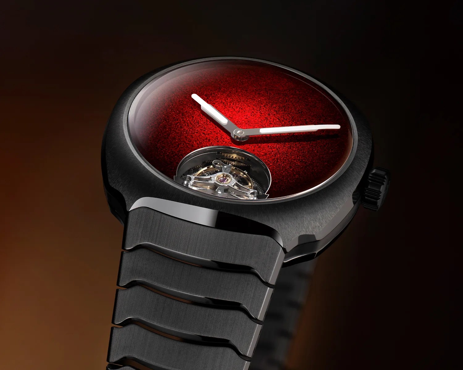 Black ceramic wristwatch with a textured deep red dial and visible tourbillon mechanism.
