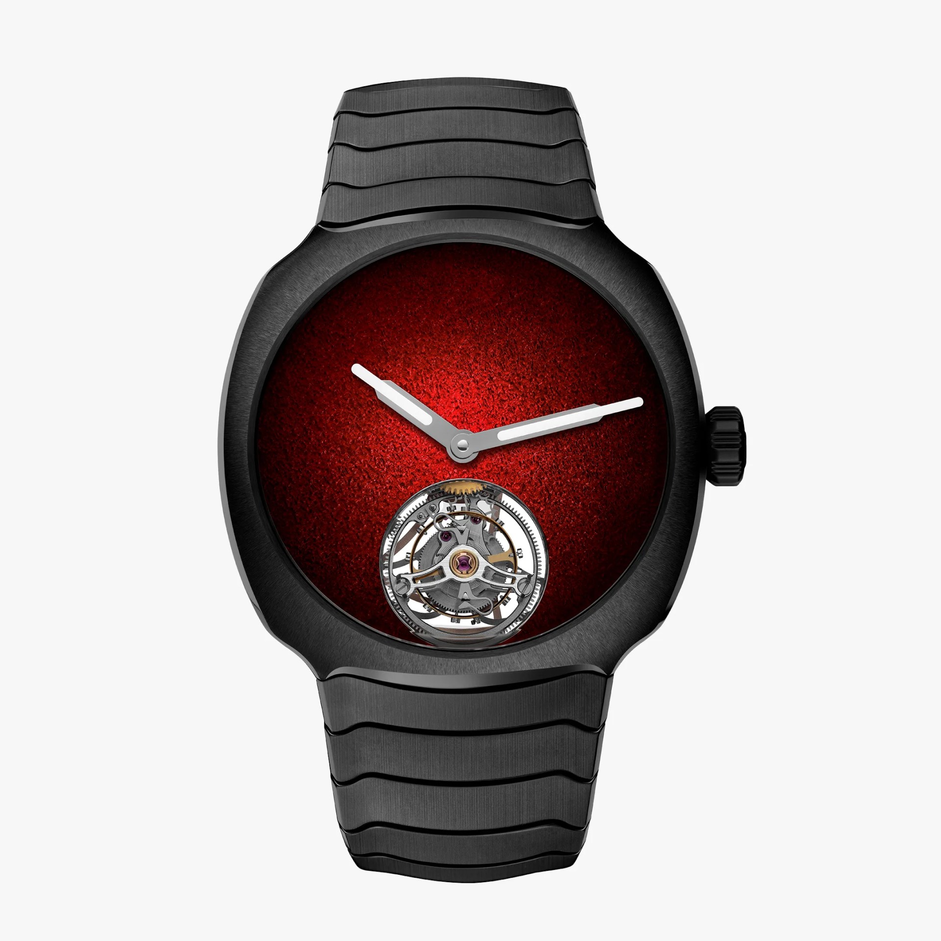 Black ceramic wristwatch with a textured deep red dial and visible tourbillon mechanism at 6 o'clock.