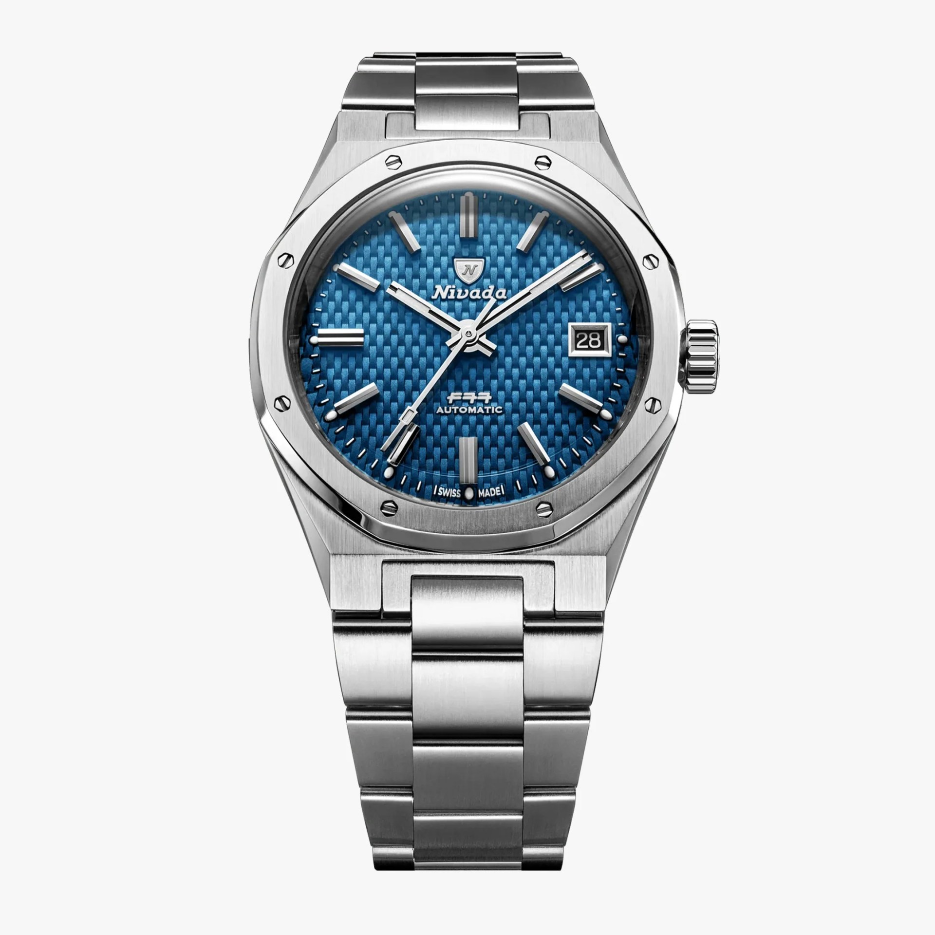 Silver stainless steel wristwatch with blue textured dial and date window at 3 o'clock.