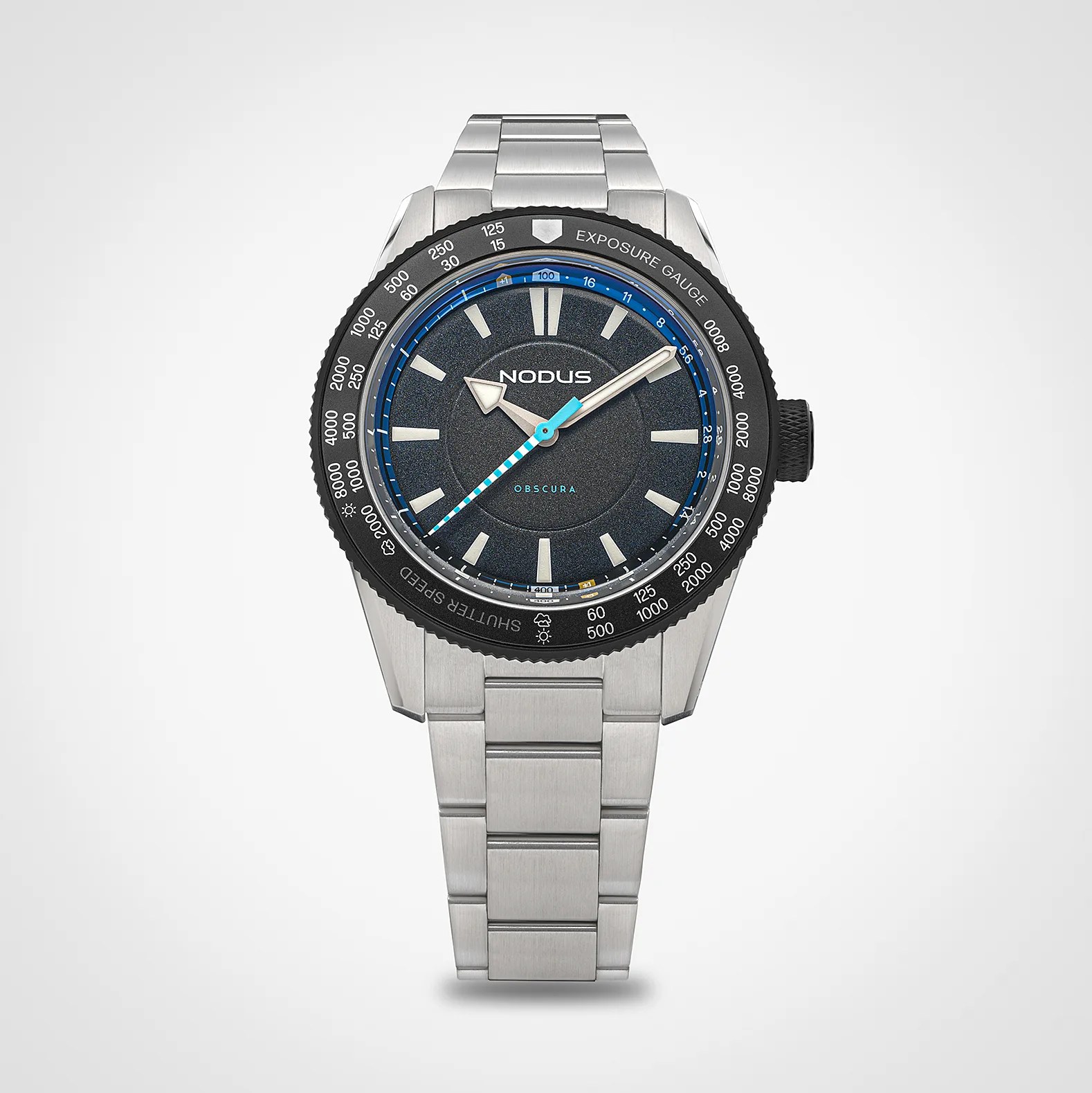 Stainless steel Nodus Obscura wristwatch with black textured dial, blue accents, and exposure gauge bezel.