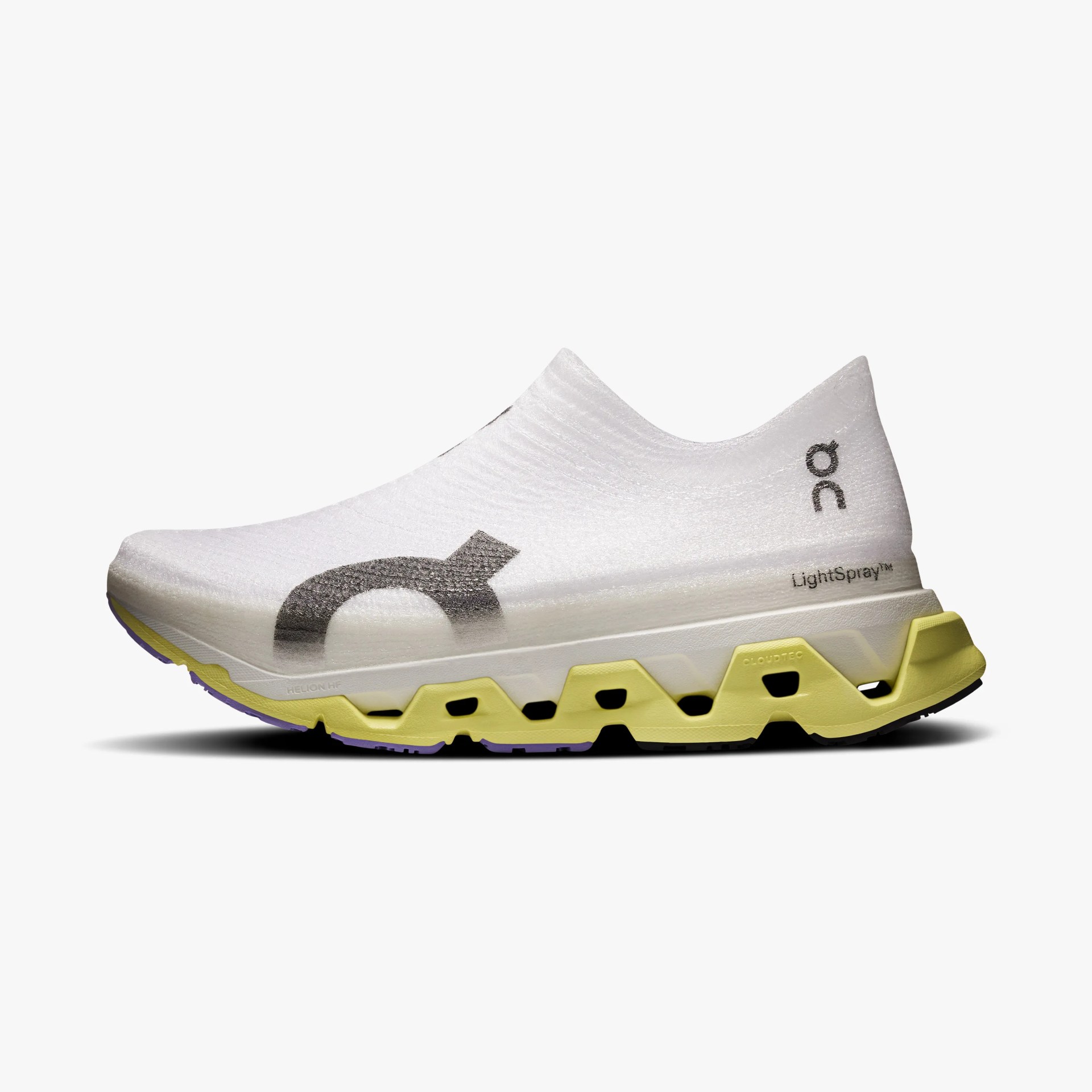 White slip-on athletic shoe with black logo, yellow and black sole, and "LightSpray" text on the side.