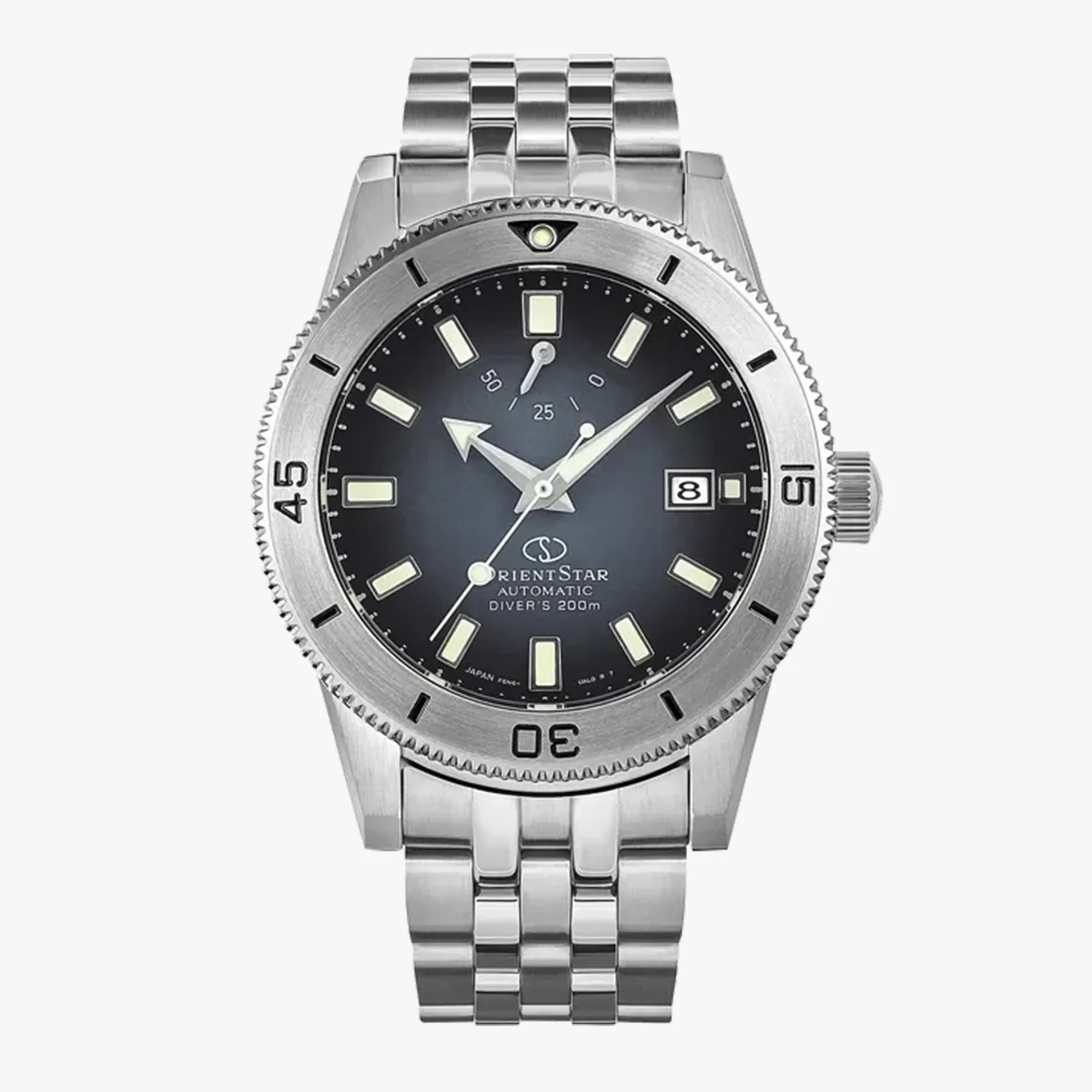 Stainless steel Orient Star automatic diver's watch with black dial and date window at 3 o'clock.