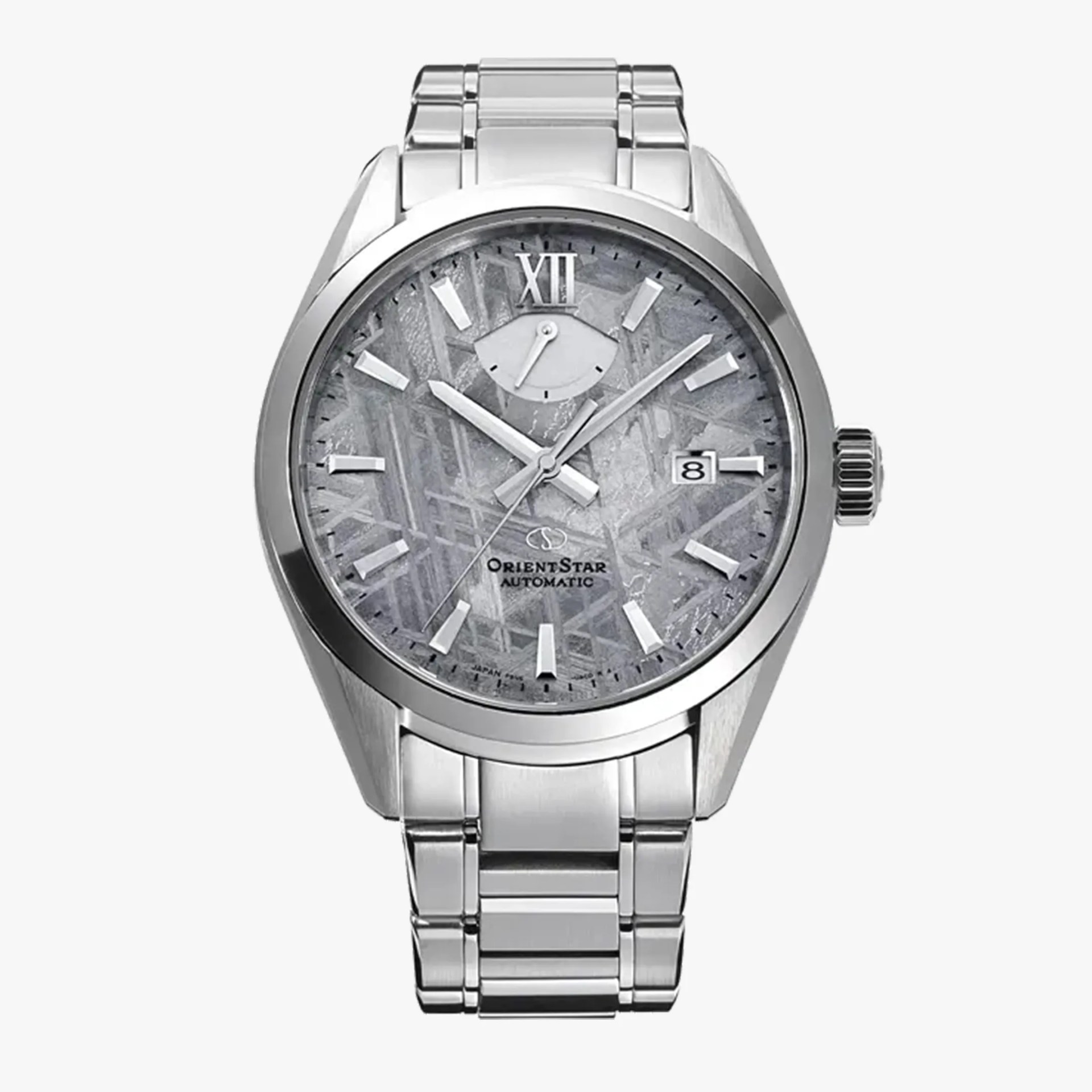 Silver stainless steel Orient Star automatic wristwatch with textured gray dial and date window at 3 o'clock.
