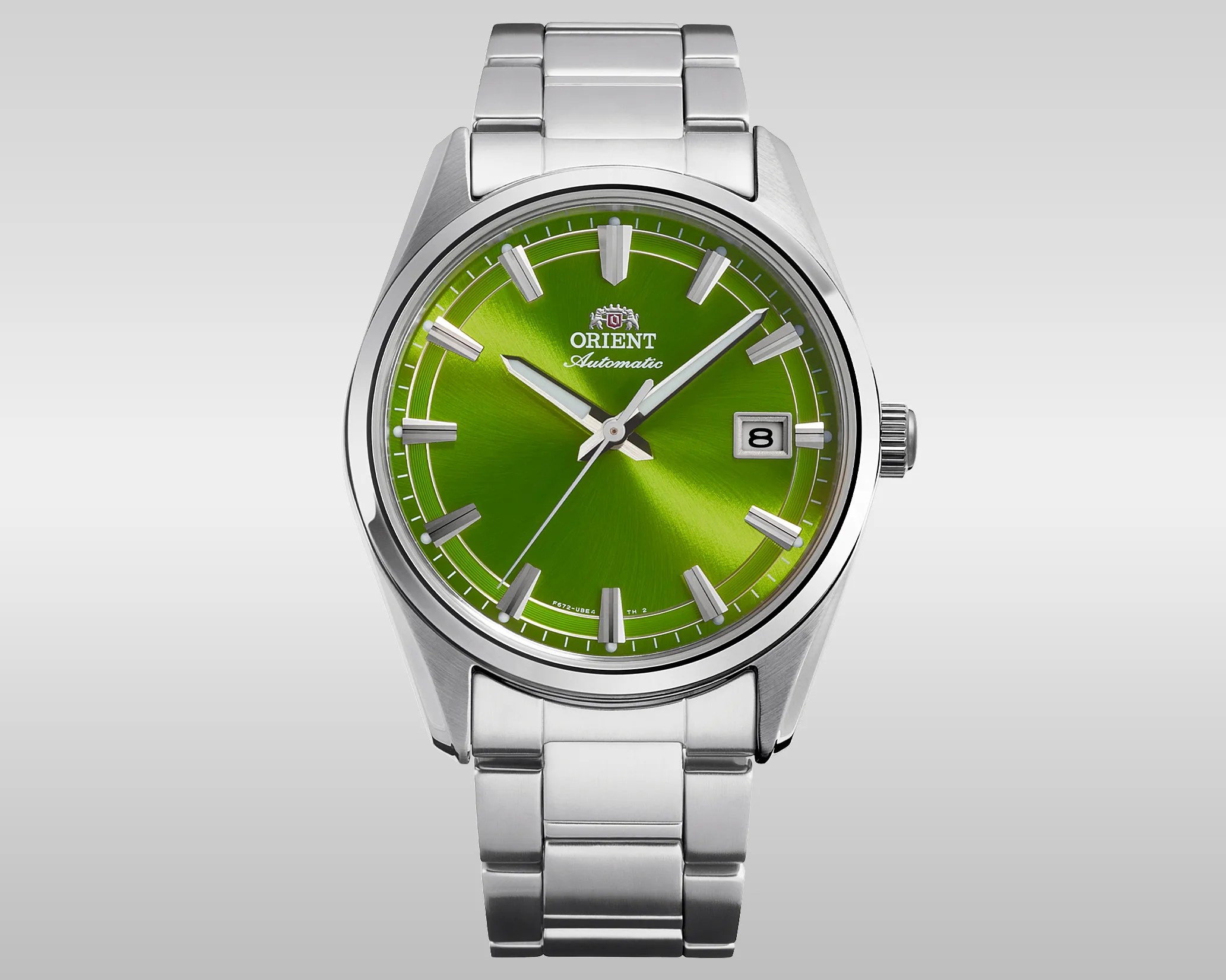 Silver stainless steel wristwatch with a bright green sunburst dial and date window at 3 o'clock.