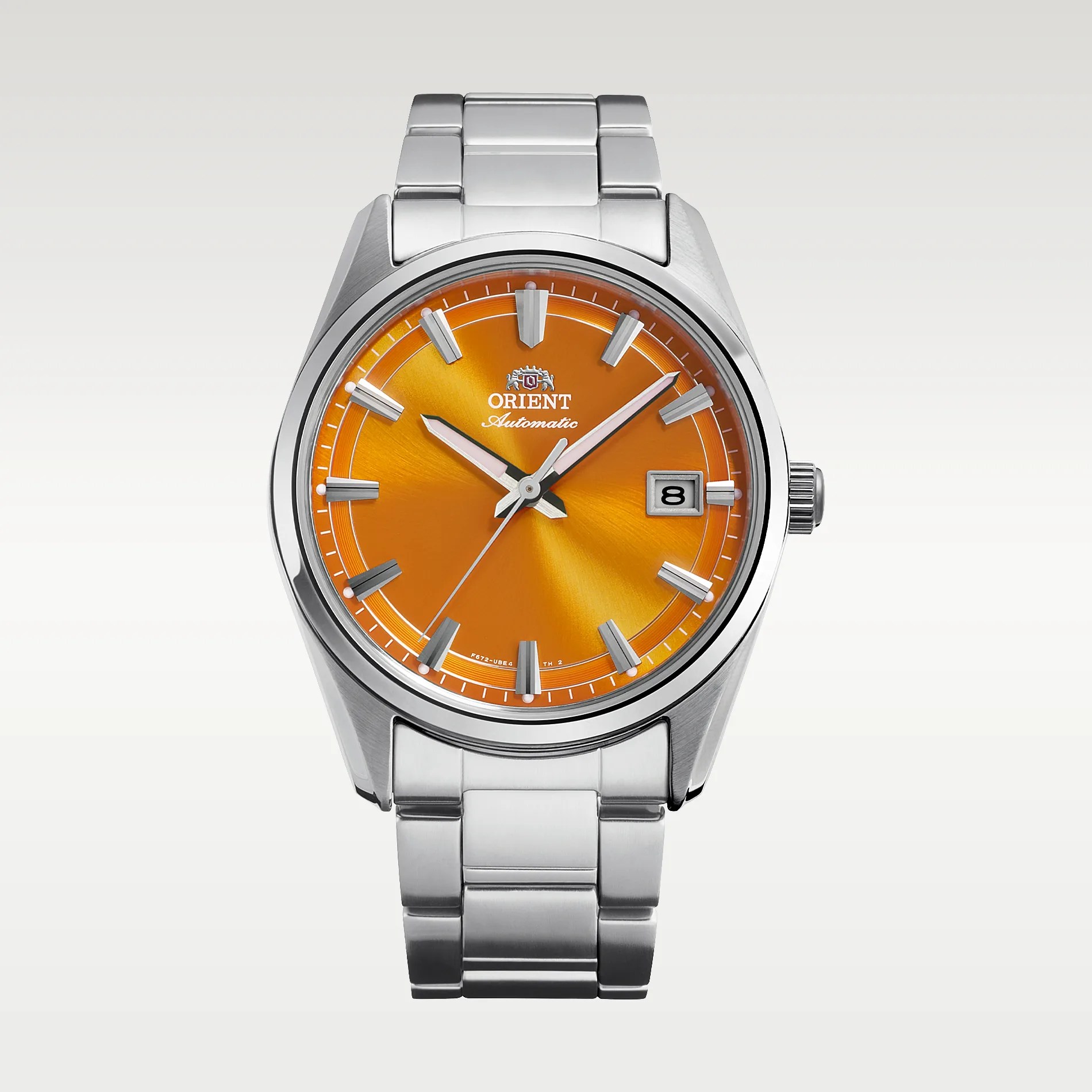 Silver stainless steel wristwatch with bright orange sunburst dial and date window at 3 o'clock.