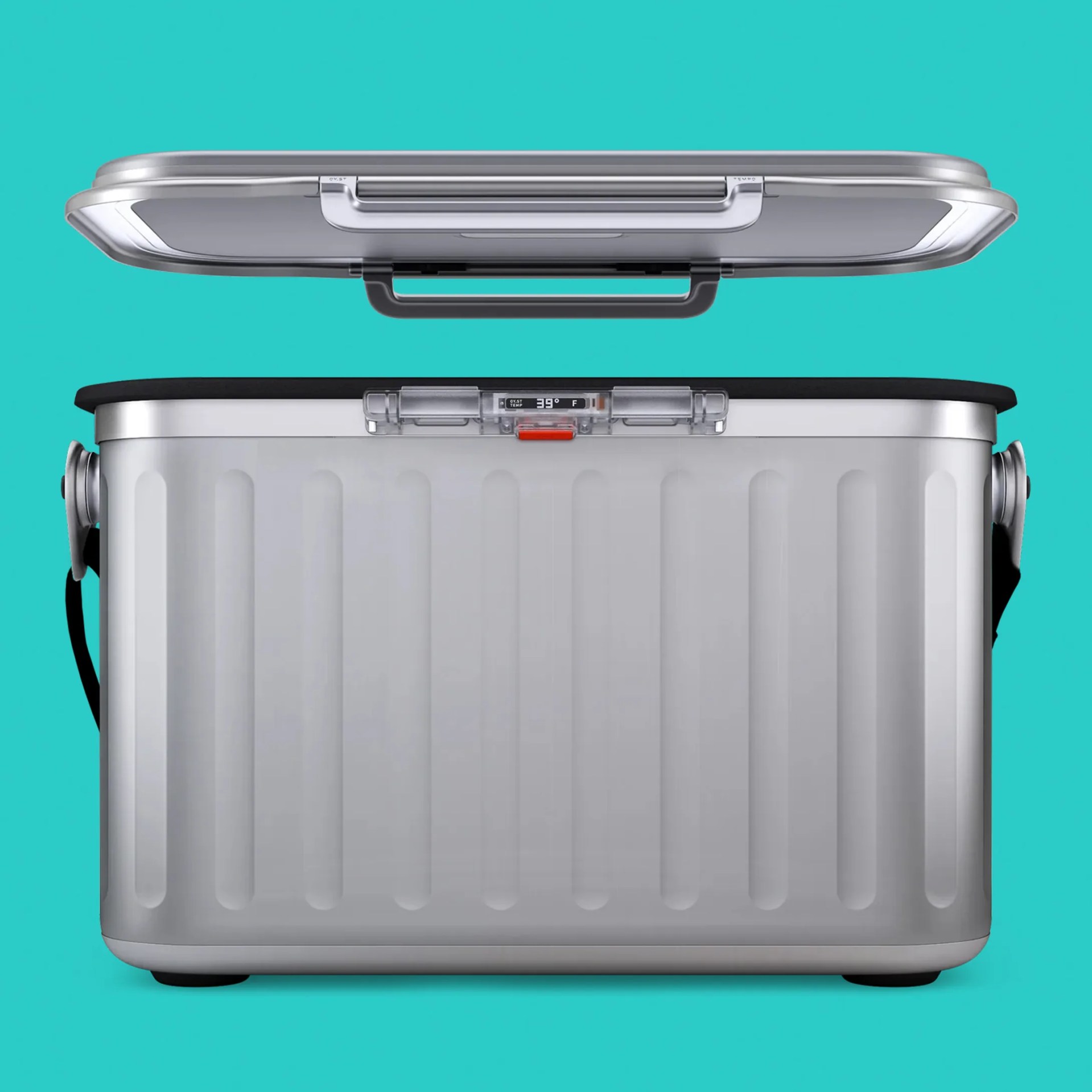 Silver metal cooler with black trim and digital temperature display on a turquoise background.