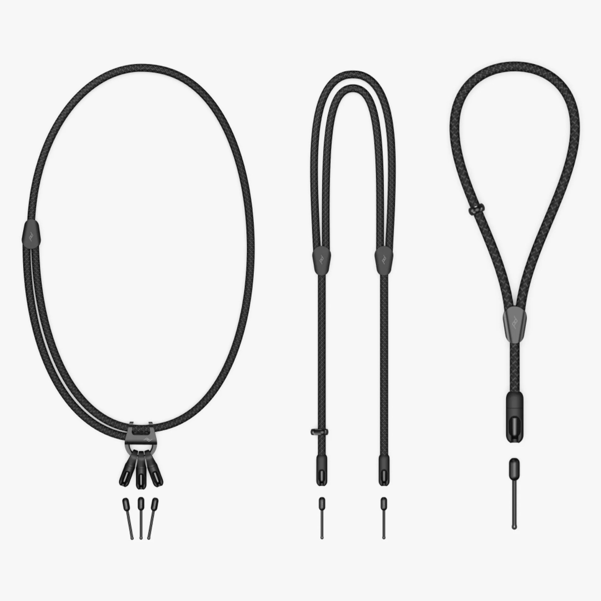 Three black braided camera straps with adjustable ends and small metal attachments, shown in different configurations on a white background.