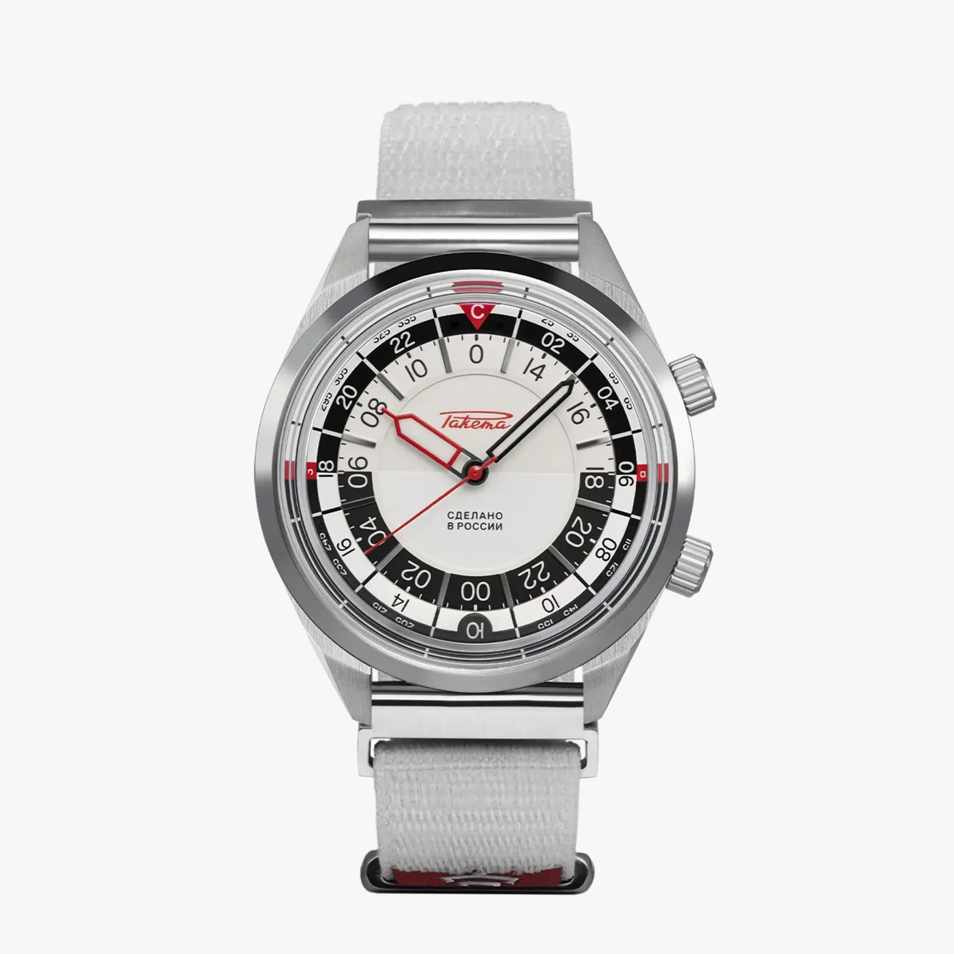 Silver stainless steel watch with white and black 24-hour dial, red accents, and white fabric strap.