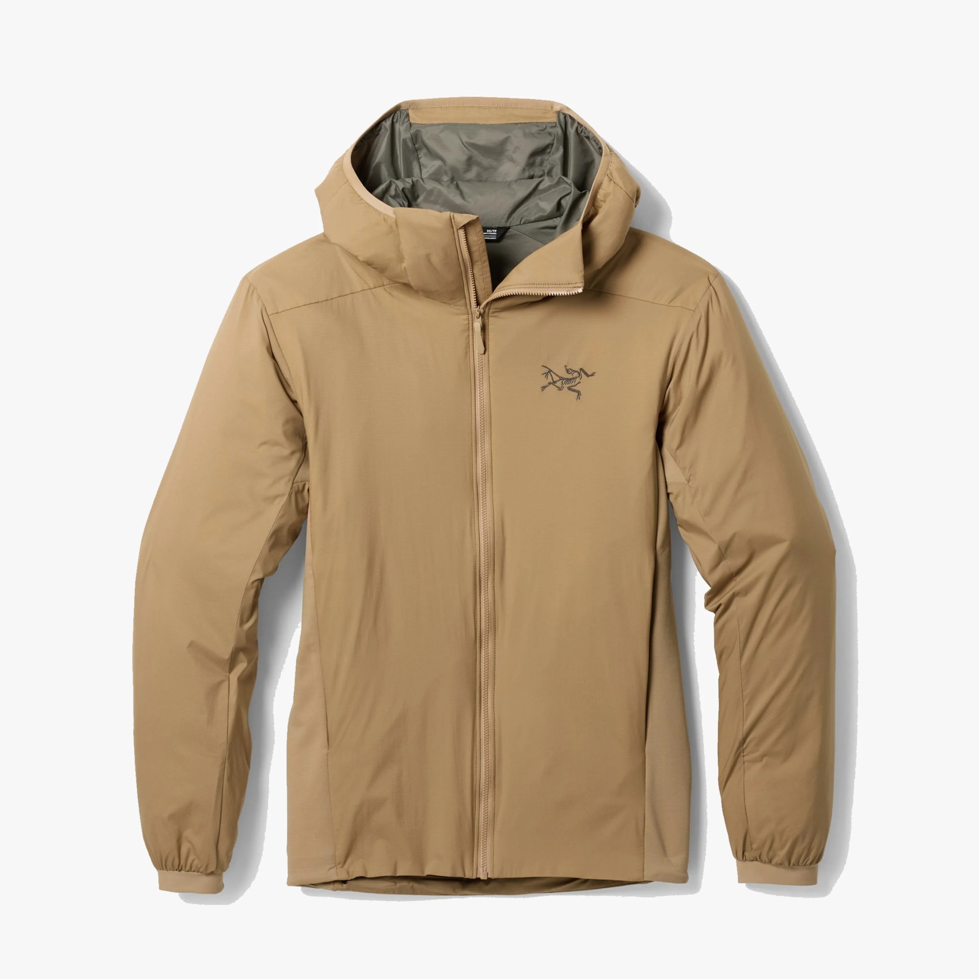 Light brown hooded jacket with full front zipper and elastic cuffs, featuring a small black logo on the chest.