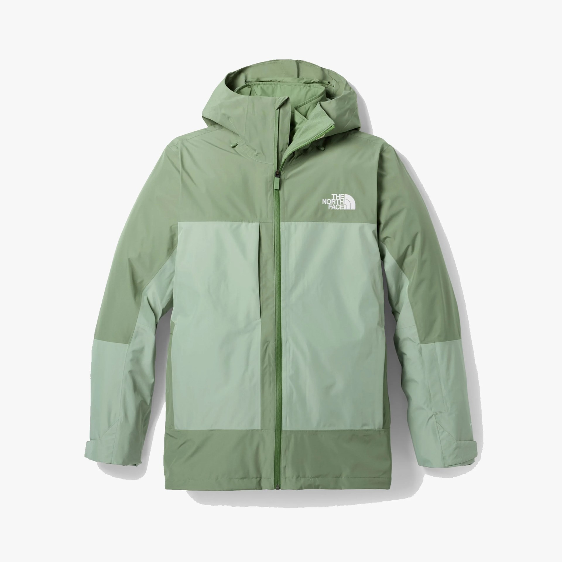 Light and medium green color-blocked hooded jacket with front zipper and The North Face logo on chest.