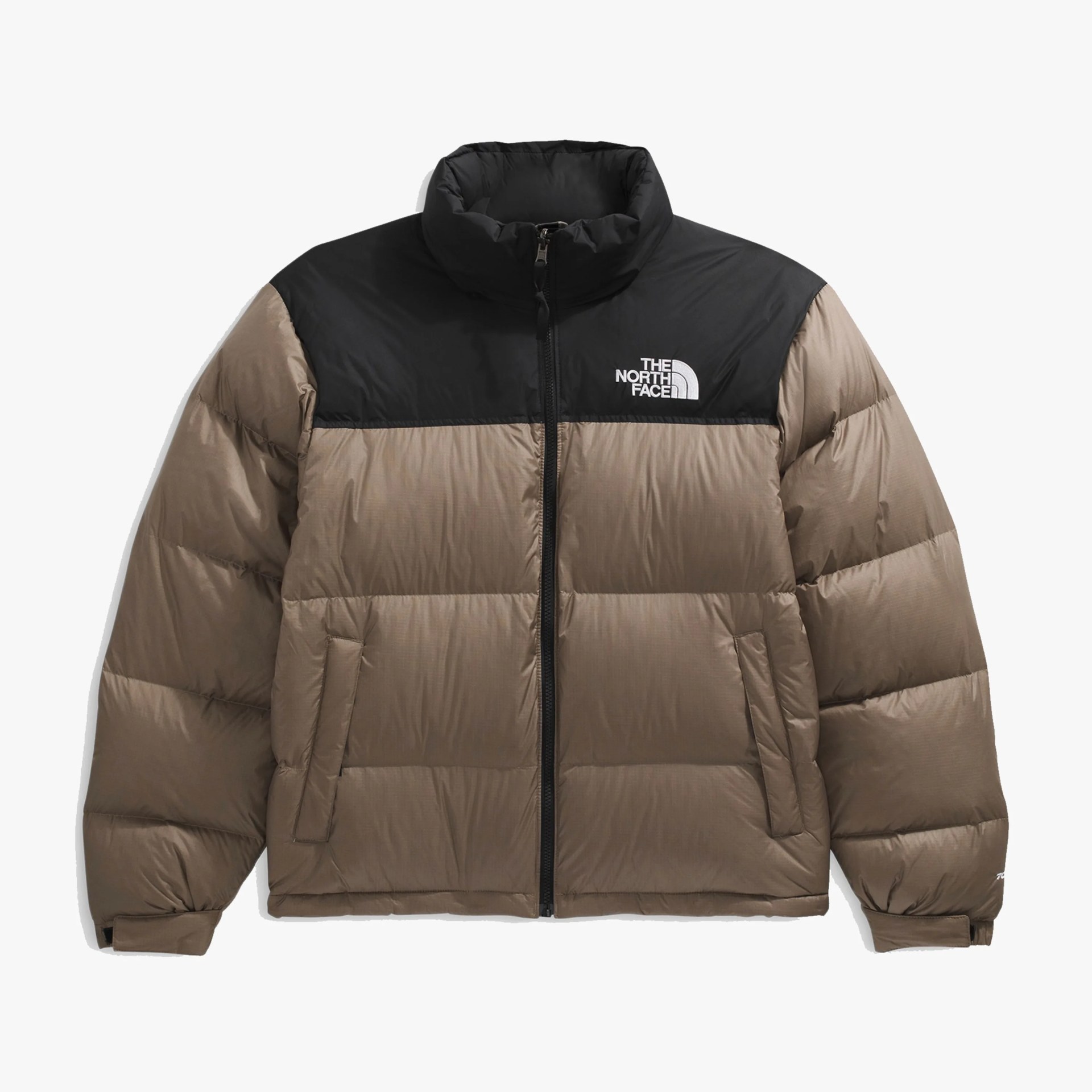 Brown and black puffer jacket with front zipper and The North Face logo on chest.