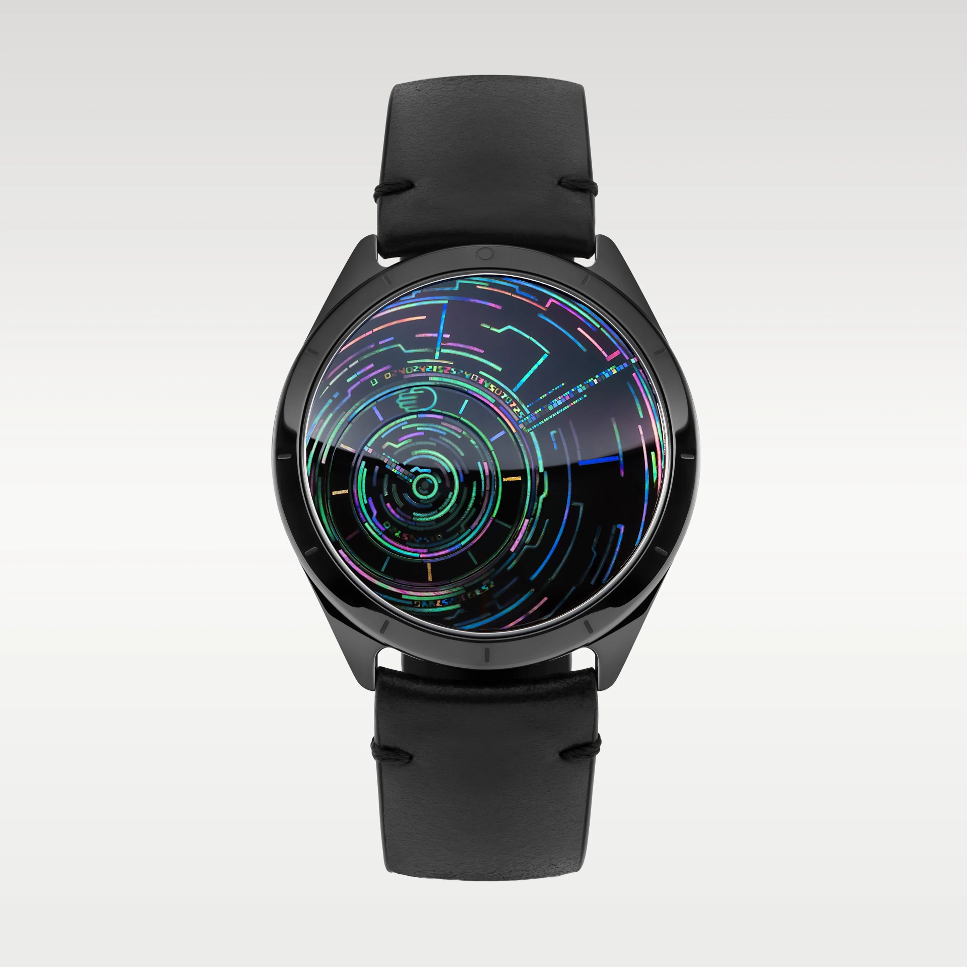 Black smartwatch with a black leather strap and a colorful, futuristic circular digital display.