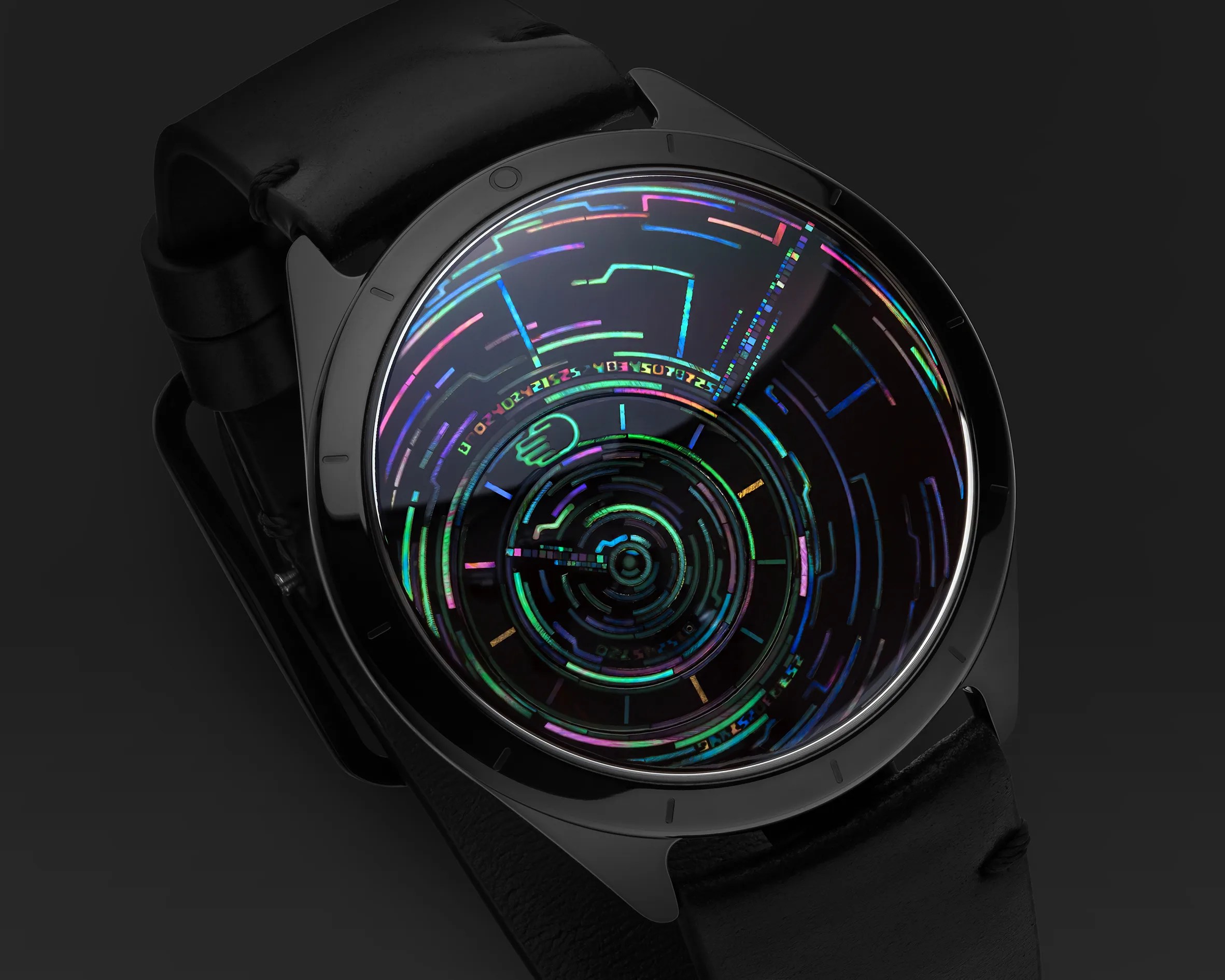 Black wristwatch with a holographic, multicolored circular digital display and black leather strap.
