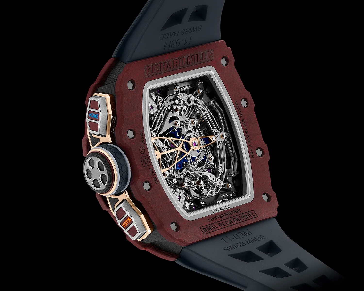 Richard Mille watch with a red case, visible intricate mechanical movement, and black strap.
