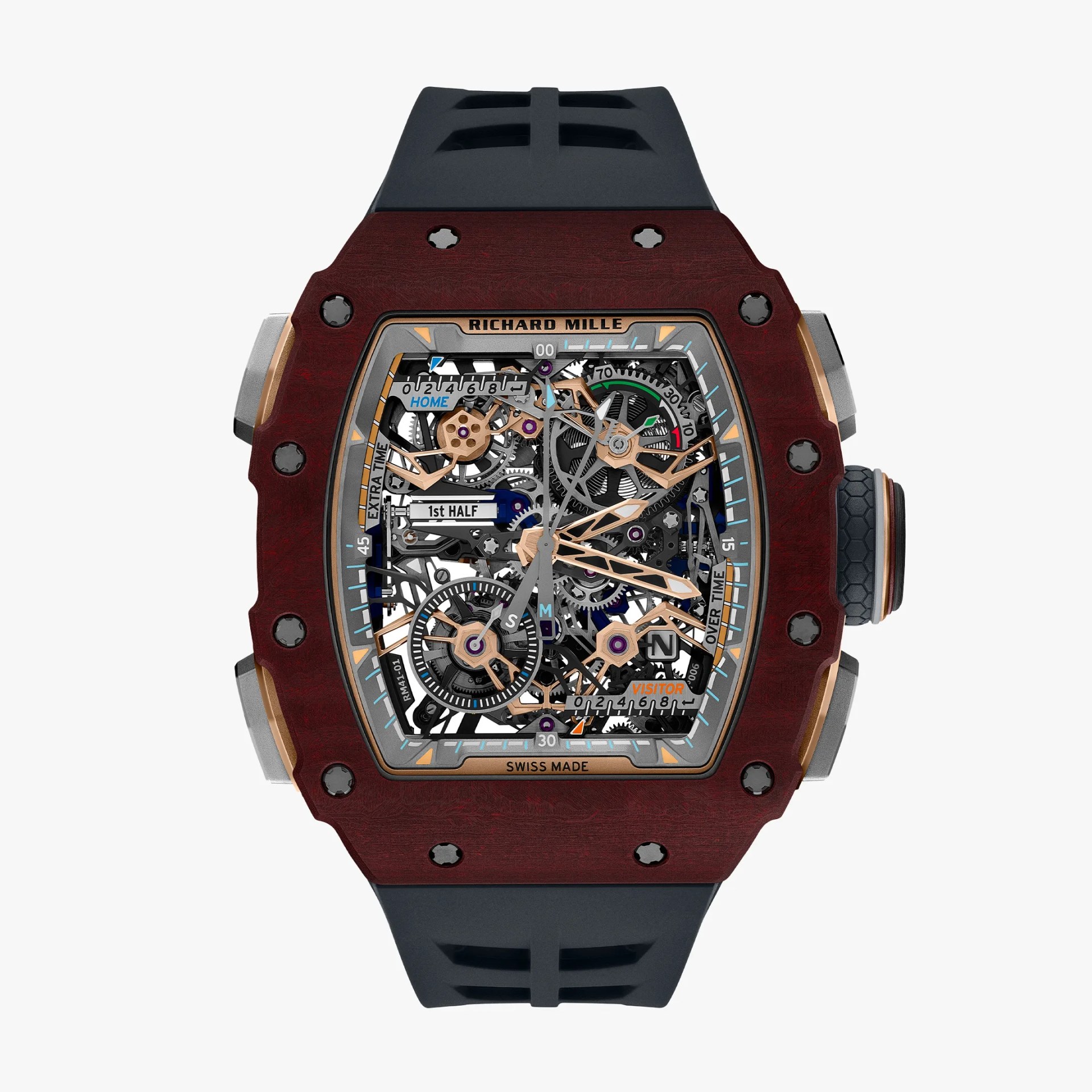 Richard Mille skeleton dial watch with rose gold accents, red case, and black rubber strap.