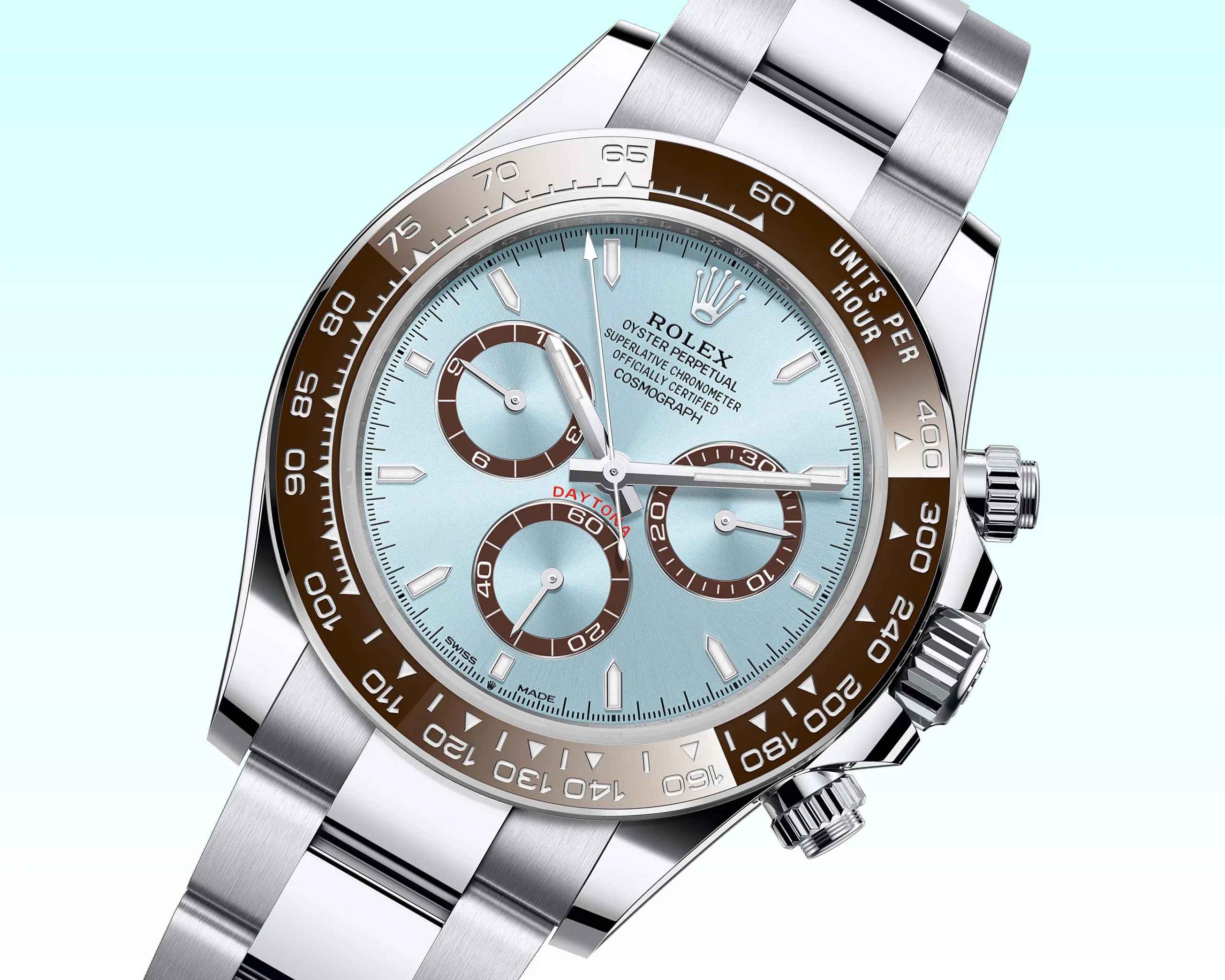Rolex Oyster Perpetual Cosmograph Daytona watch with a light blue dial, brown ceramic bezel, and stainless steel bracelet.
