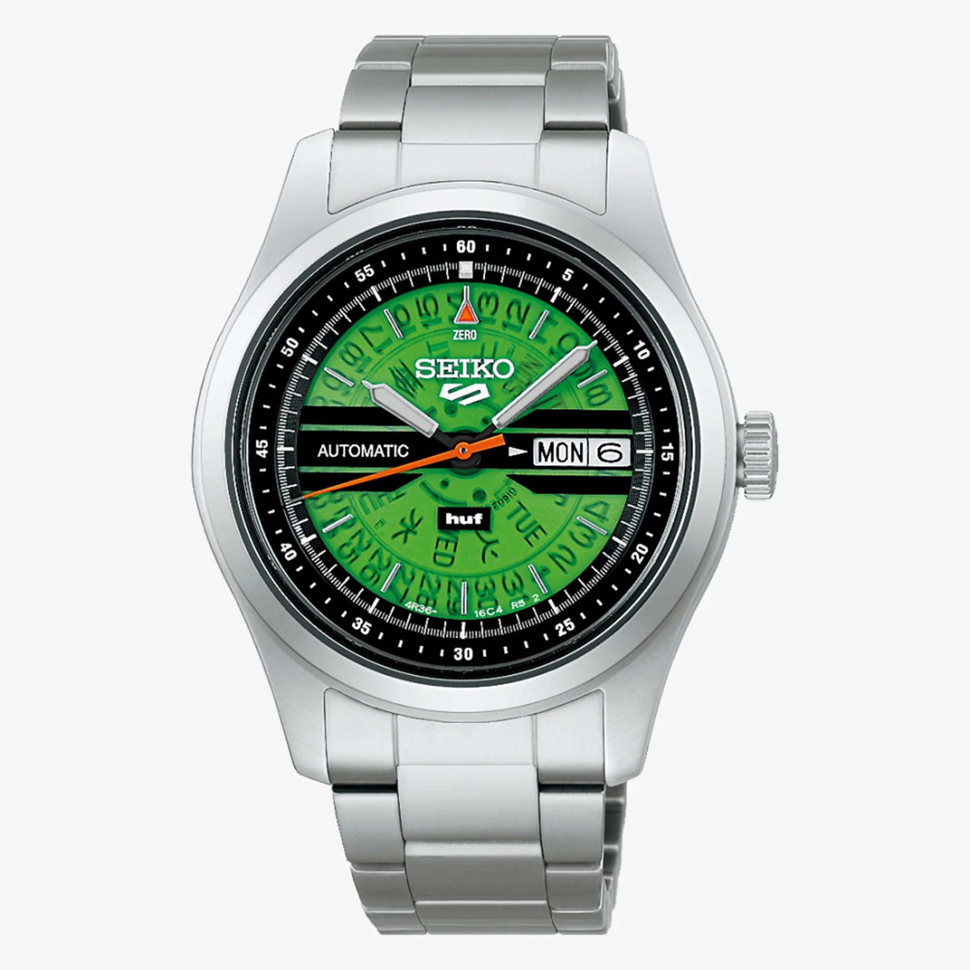 Silver stainless steel Seiko automatic wristwatch with green dial and day-date display.
