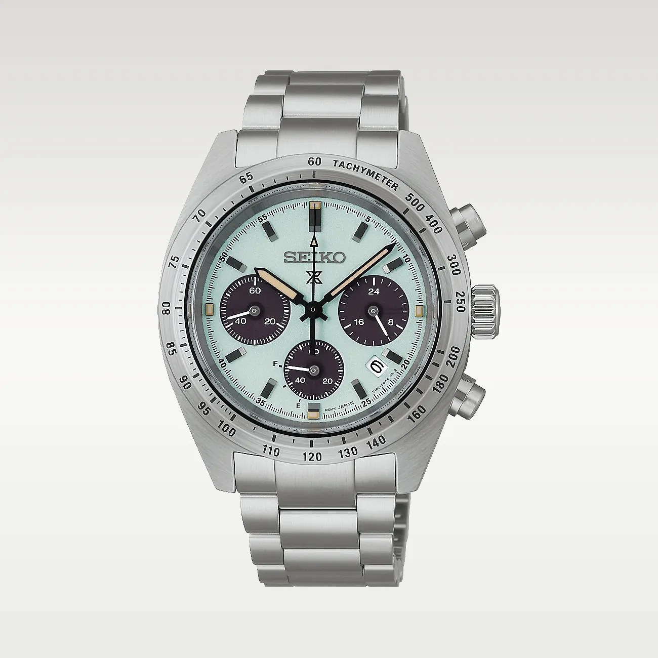 Silver Seiko chronograph watch with light blue dial, black subdials, and tachymeter bezel on metal bracelet.