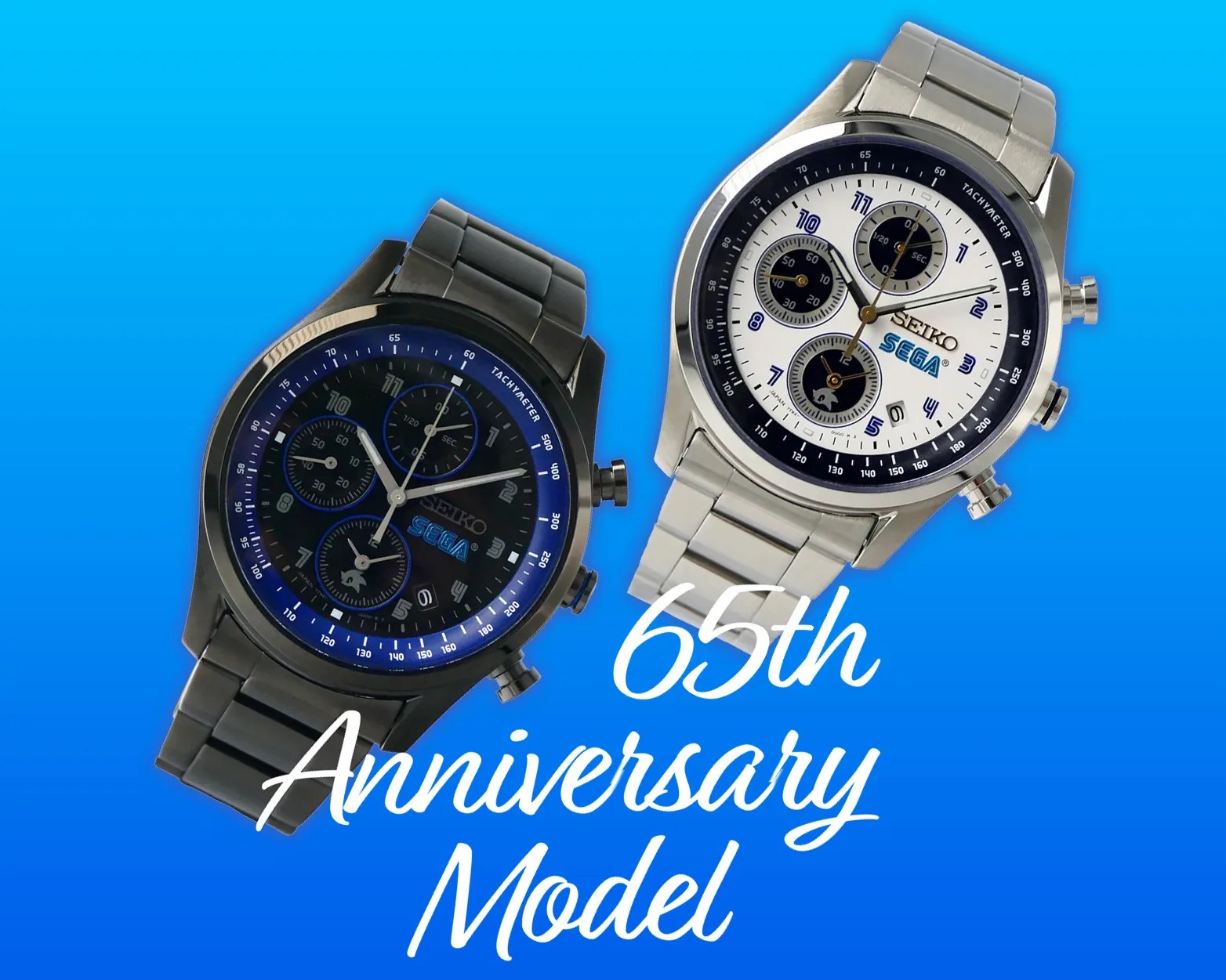 Two Seiko SEGA 65th Anniversary wristwatches, one with a black dial and one with a white dial, on a blue background.